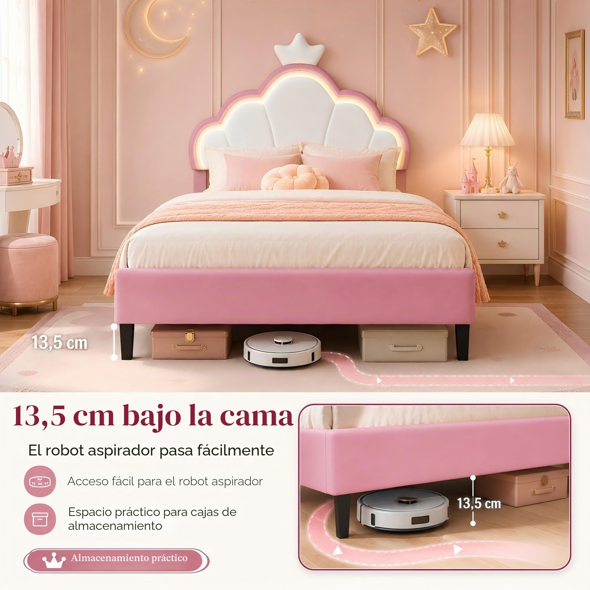 Cama infantil acolchada 90 x 200 cm, cama individual para niña con iluminación LED y somier de láminas, cabecero ajustable en forma de corona, terciopelo, rosa, sin colchón (rosa, 90 x 200 cm