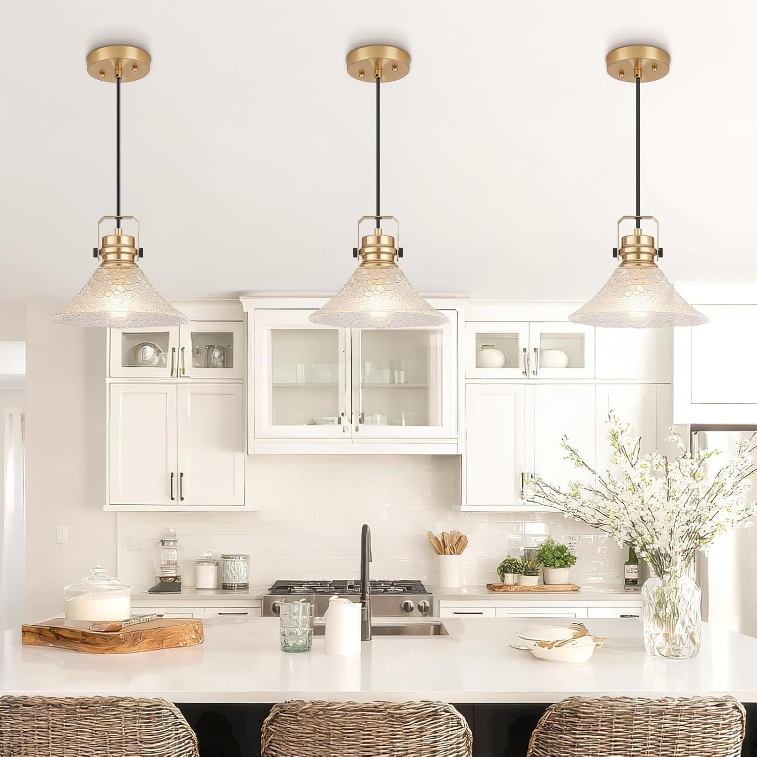 Glass Pendant Lights Kitchen Island 3 Pack Pendant Light Fixtures with Wave Glass Modern Adjustable Hanging Light for Kitchen Sink Dining Room Bedroom