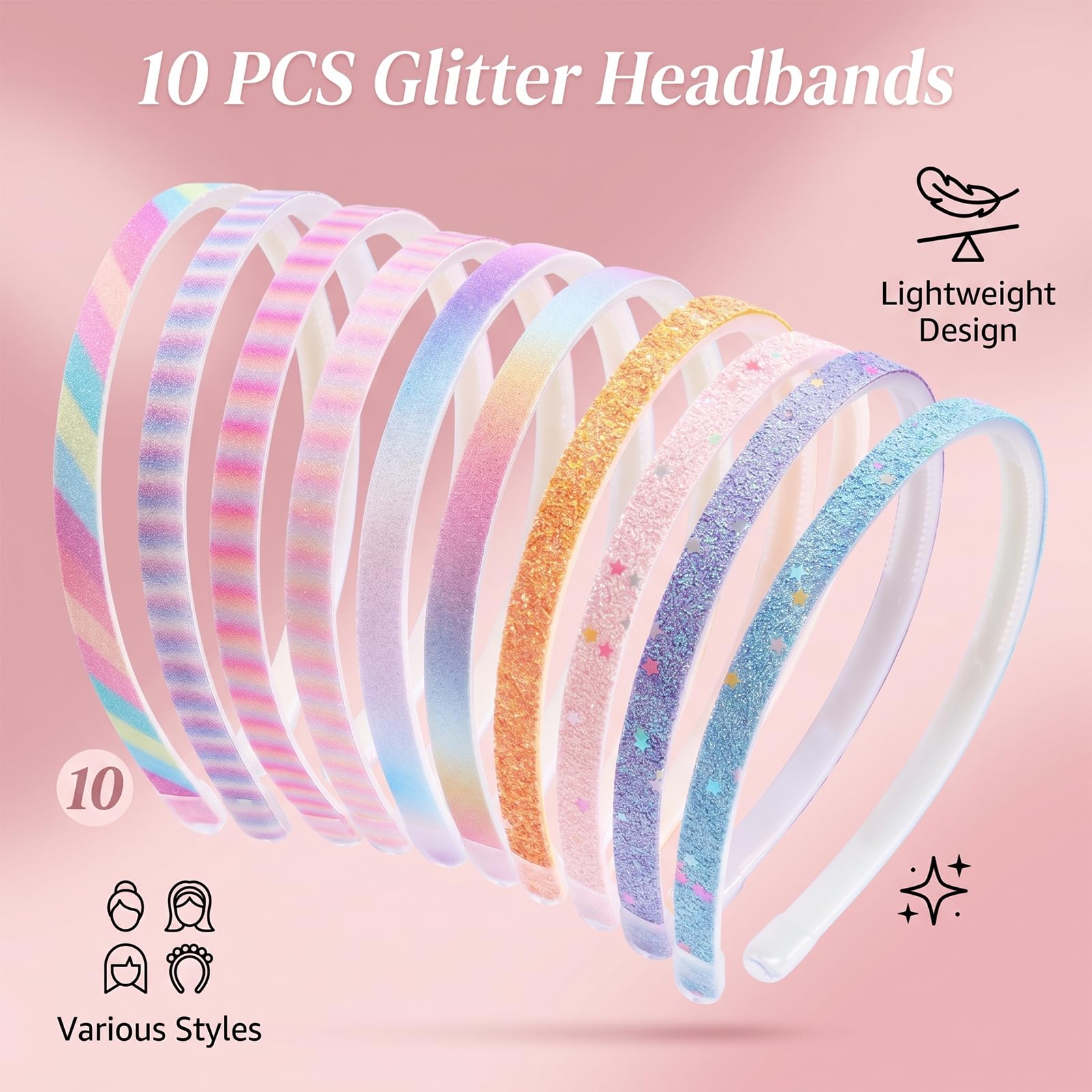 10 Pezzi Cerchietto per Capelli con Glitter, Graziose Cerchietti Bambina in Plastica con Denti e Coriandoli Arcobaleno Ntiscivolo Spesse per Bambine e Ragazze