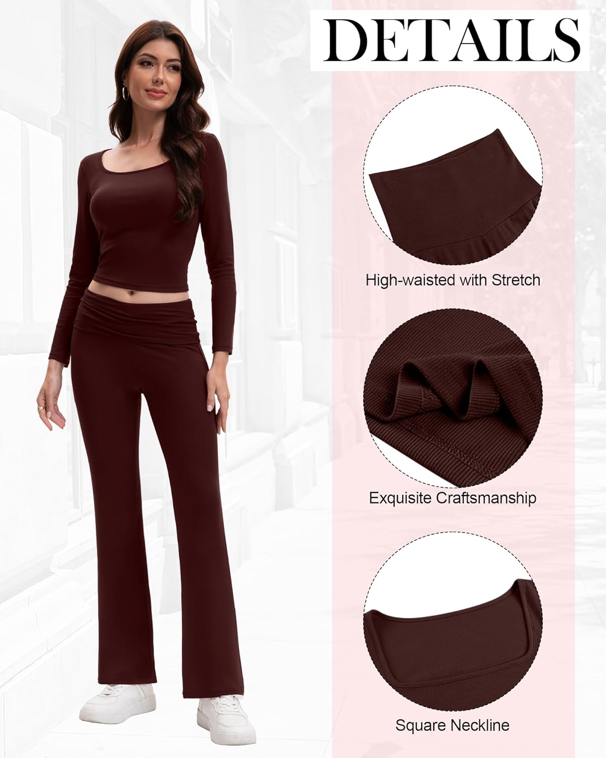 Women's 2 Piece Workout Sets Square Neck Long Sleeve Crop Tops Fold over Flare Leggings Casual Gym Pilates Yoga Set - Image 3