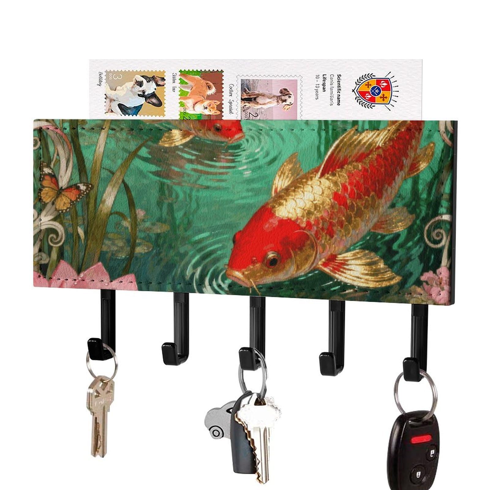 DWVTSLH Koi Lotus Pool Key Holder for Wall, Decorative Key Hooks with Mail Organizer & 5 Hooks, Self Adhesive Leather Key Hanger for Entryway, Wall Mounted Key Rack (7.1” X 4.3” X 0.9”)