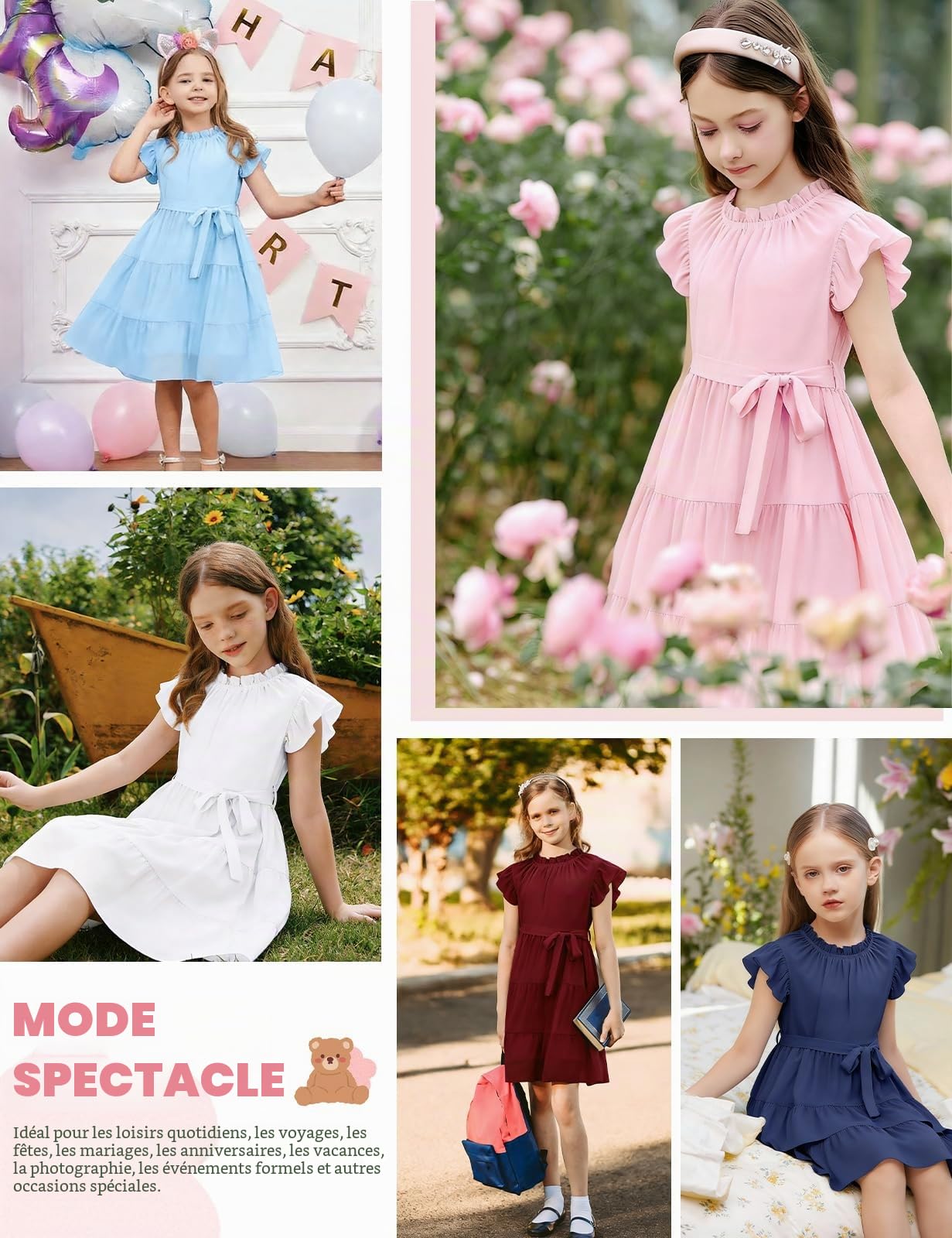 Robe pour Fille Été Robe Manches à Volants Col Rond Robes de Soirée Décontractées Robe Trapèze Mi-Longue Flottante avec Ceinture
