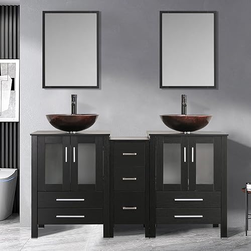 Vanidad de baño negra de 60 pulgadas, doble tocador, lavabo redondo de vidrio, grifo ORB, piezas de drenaje, diseño superior de tocador de baño +