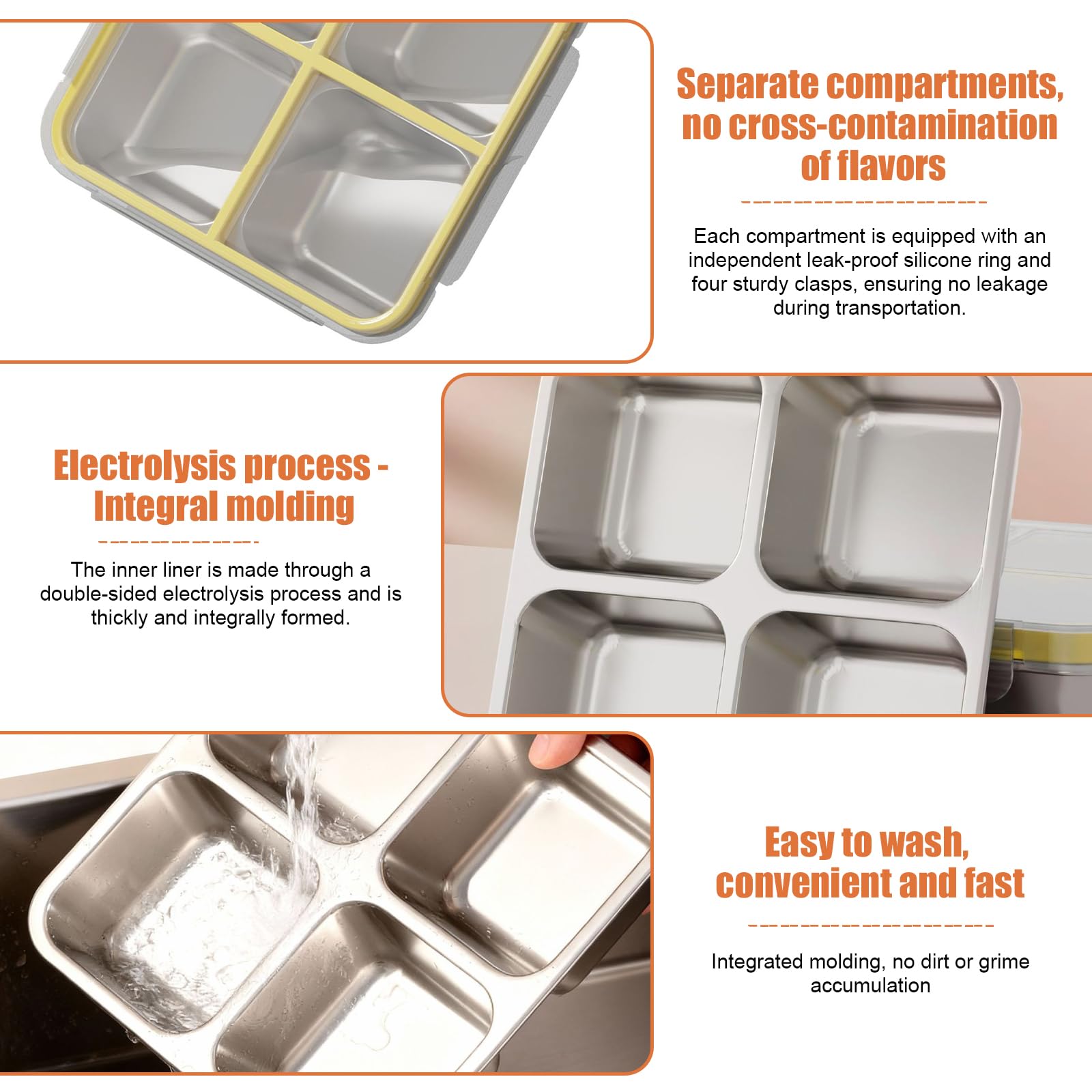 PORFOYO Set di 2 contenitori per alimenti per adulti con scomparti, in acciaio inox, 720 ml, suddivisi in quattro volte, contenitore per il pranzo in metallo, per adulti e bambini