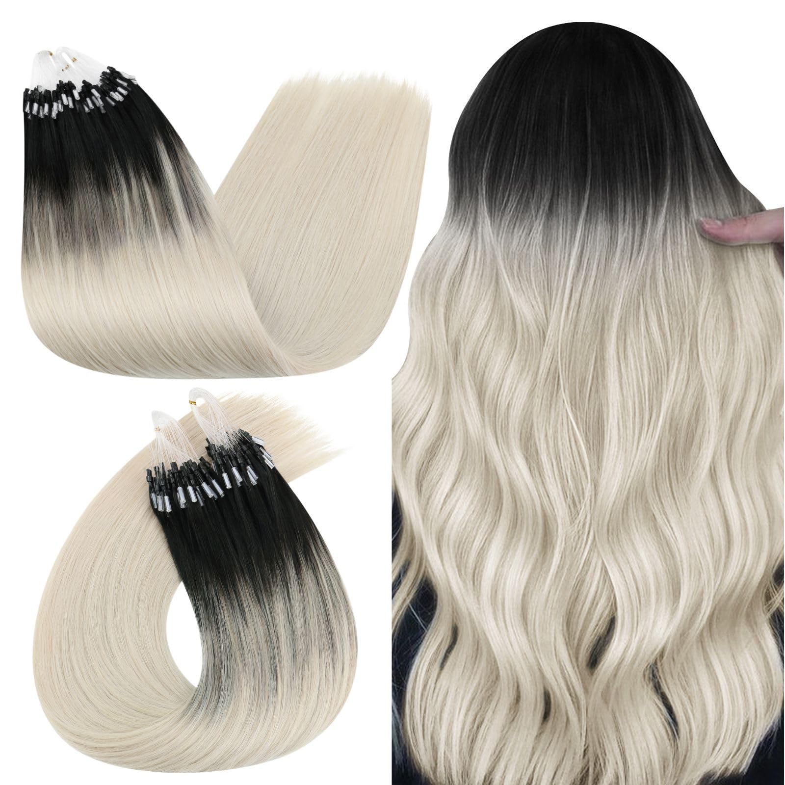 Ugeat Dopinki z mikro-ringami, prawdziwe włosy, blond, ombre, 40 cm, mikro-ringi, prawdziwe włosy, mikro-ringi, ombre, blond, mikro-50 g, 50 s, 1B/60A