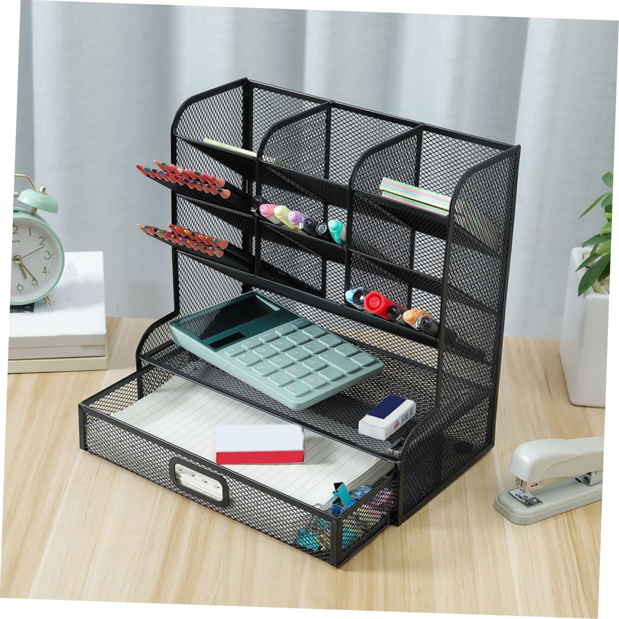 NUOBESTY Metallener Stiftehalter Leicht zu Reinigen mit 9 Fächern Schreibtisch Organizer aus Metall Mehrlagige Aufbewahrungsbox mit Glatten Kanten für Bürobedarf