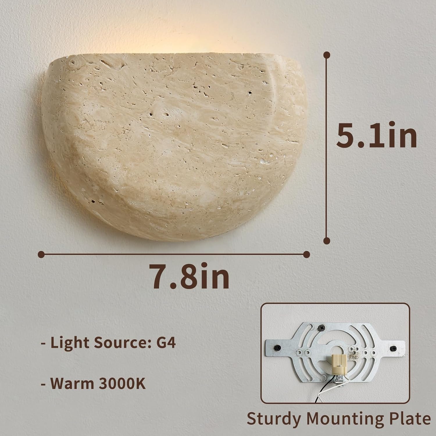 Wabi-Sabi Travertine Wall Sconce, 7.8in Semi-Circular Travertine Wall Mount Light Fixture with 3000K Warm Light, Japanese Style Natural Stone Wall Lamp for Living Room, Bedroom, Foyer