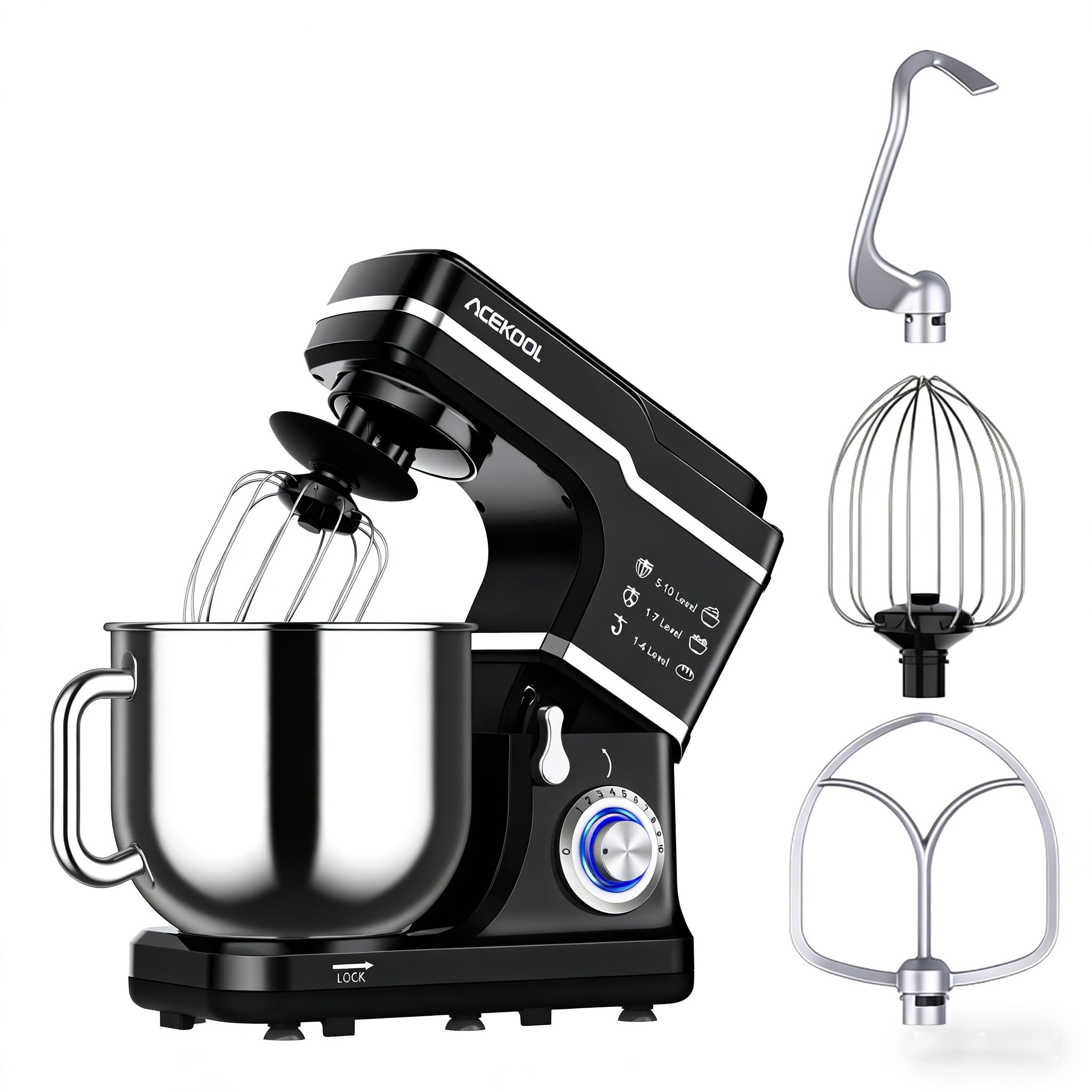 7.5QT Stand Mixer, Kitchen Stand Food Mixer, 10-Speed Tilt-Head Dough Mixer, Stainless Steel Bowl and Dough Hook, Beater and Splash-Proof Cover for Baking Bread Dough Cake, Black