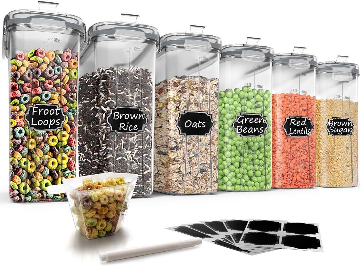 Wildone Cereal Storage Containers Set, Large BPA Free Plastic Airtight Food Storage Containers 4L /135.3oz for Cereal, Flour, Sugar, 6 Piece Set Cereal Dispensers with 20 Labels & Marker, Grey