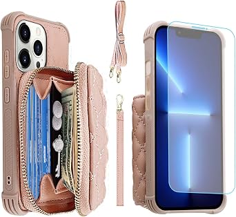 MONASAY Zipper Wallet Case Fit for iPhone 13 Pro - Rosegold | RFID Blocking,PU Leather,with Card Holders,Fits 6.1 inch ONLY,with screen Protector,With a slanted carrying strap