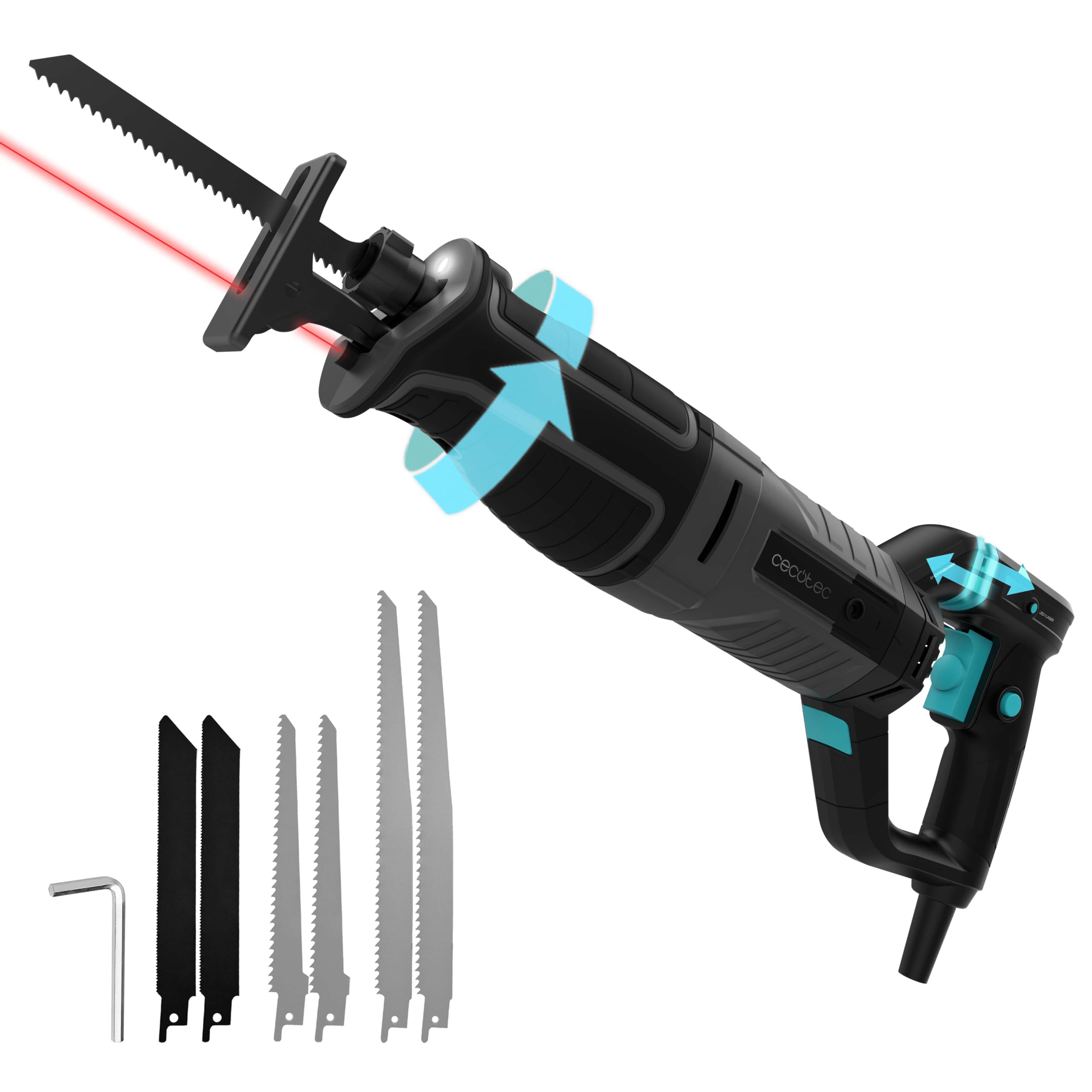 Cecotec Sega a Gattuccio Elettrica LongFlex 900 ShockAbsorber. 850W, Velocità Variabile, Anti-Vibrazione, Impugnatura Rotante, Guida Laser e LED, Cambio Lama Rapido per Taglio Preciso e Sicuro
