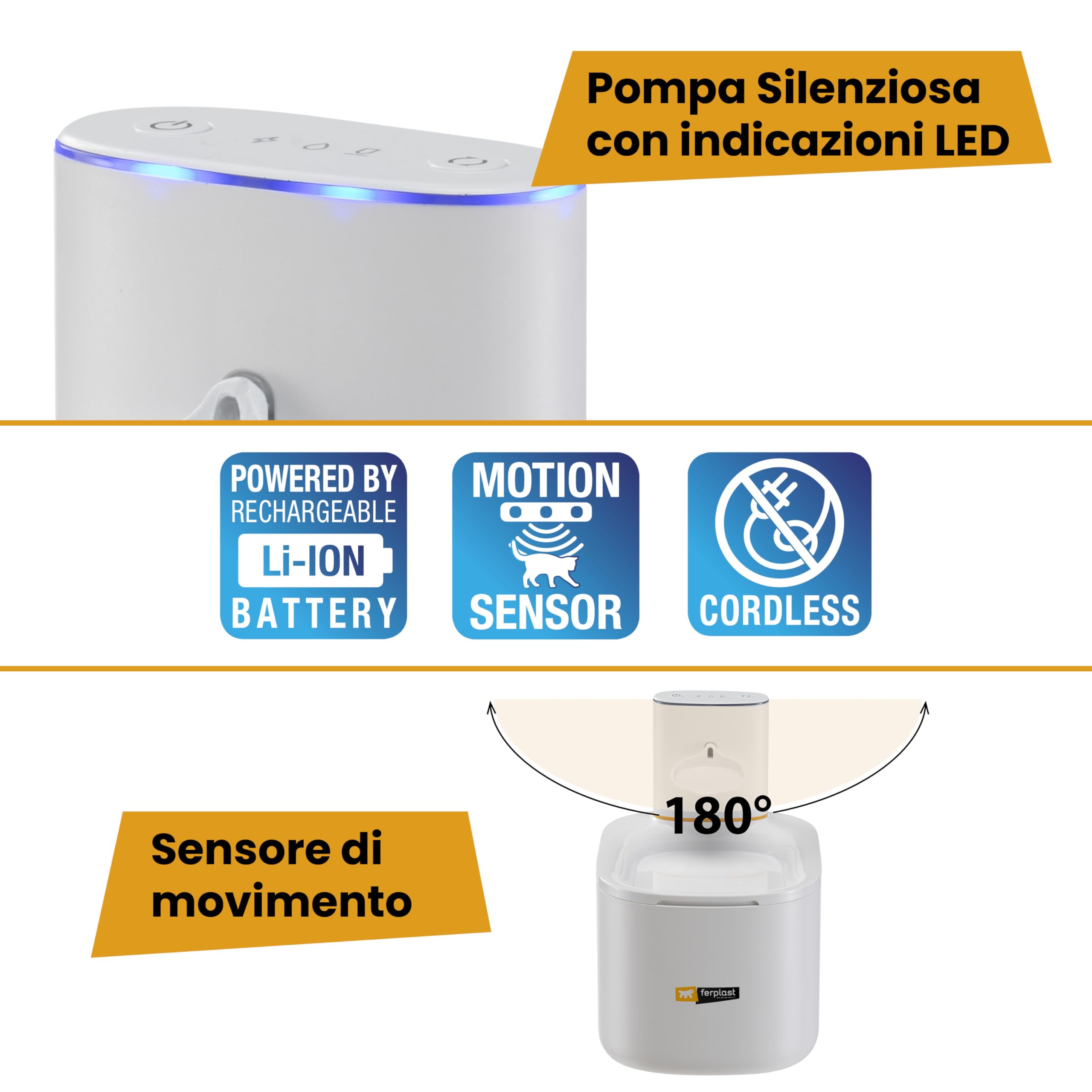 FERPLAST Fontanella per Gatti Senza Fili, 3L, Sensore Movimento 180°, Batteria 5000 mAh Ricaricabile USB-C, Triplo Filtraggio, Indicatore Led, Beccuccio a Coppa, Flusso Delicato - Cavo USB-C Incluso