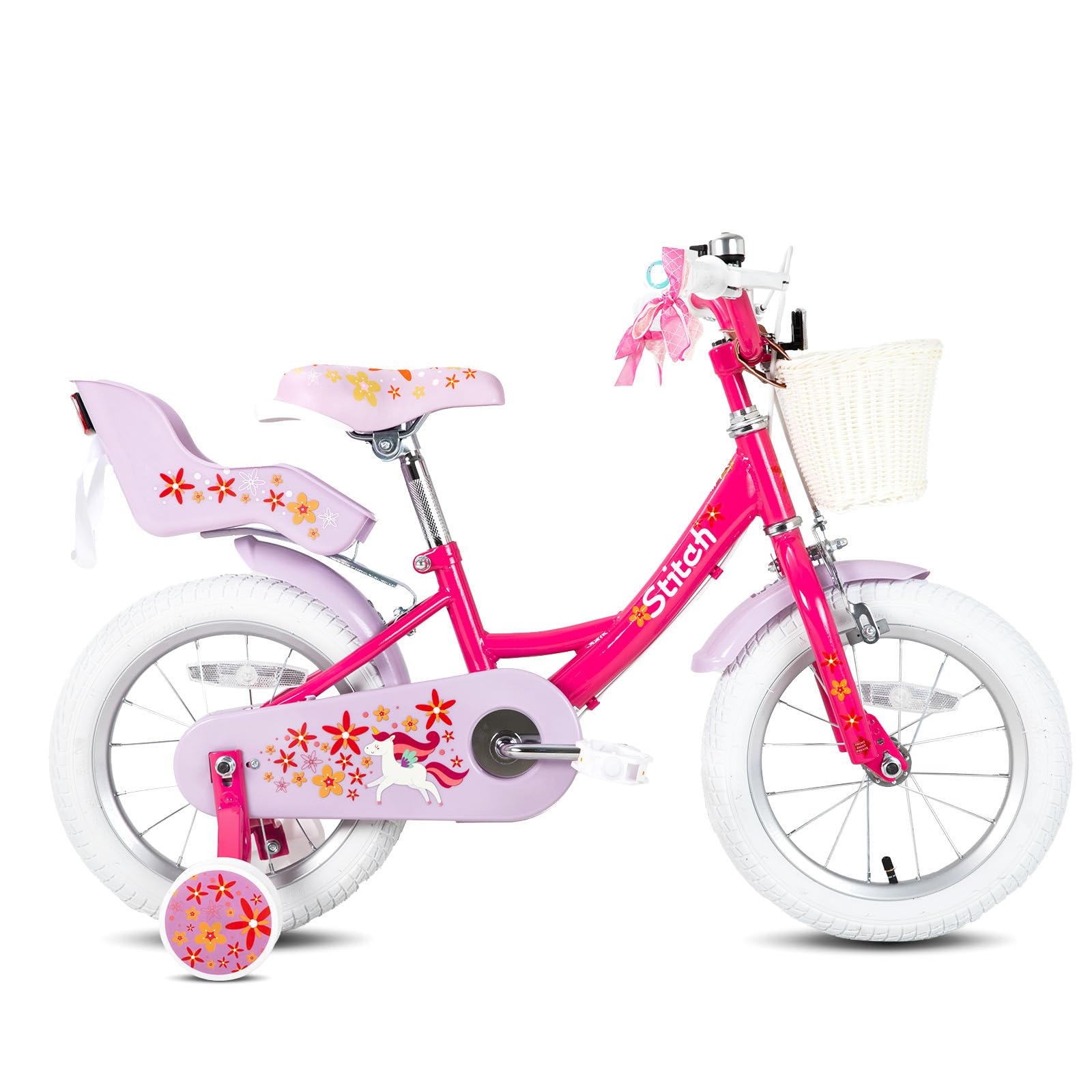 STITCH Unicorn 14 Inch Girls Bike for 3-5 Years Old Kids, 14 Inch Girls Bike with Basket&Stabilisers& Doll Seat,Purple… — image 1