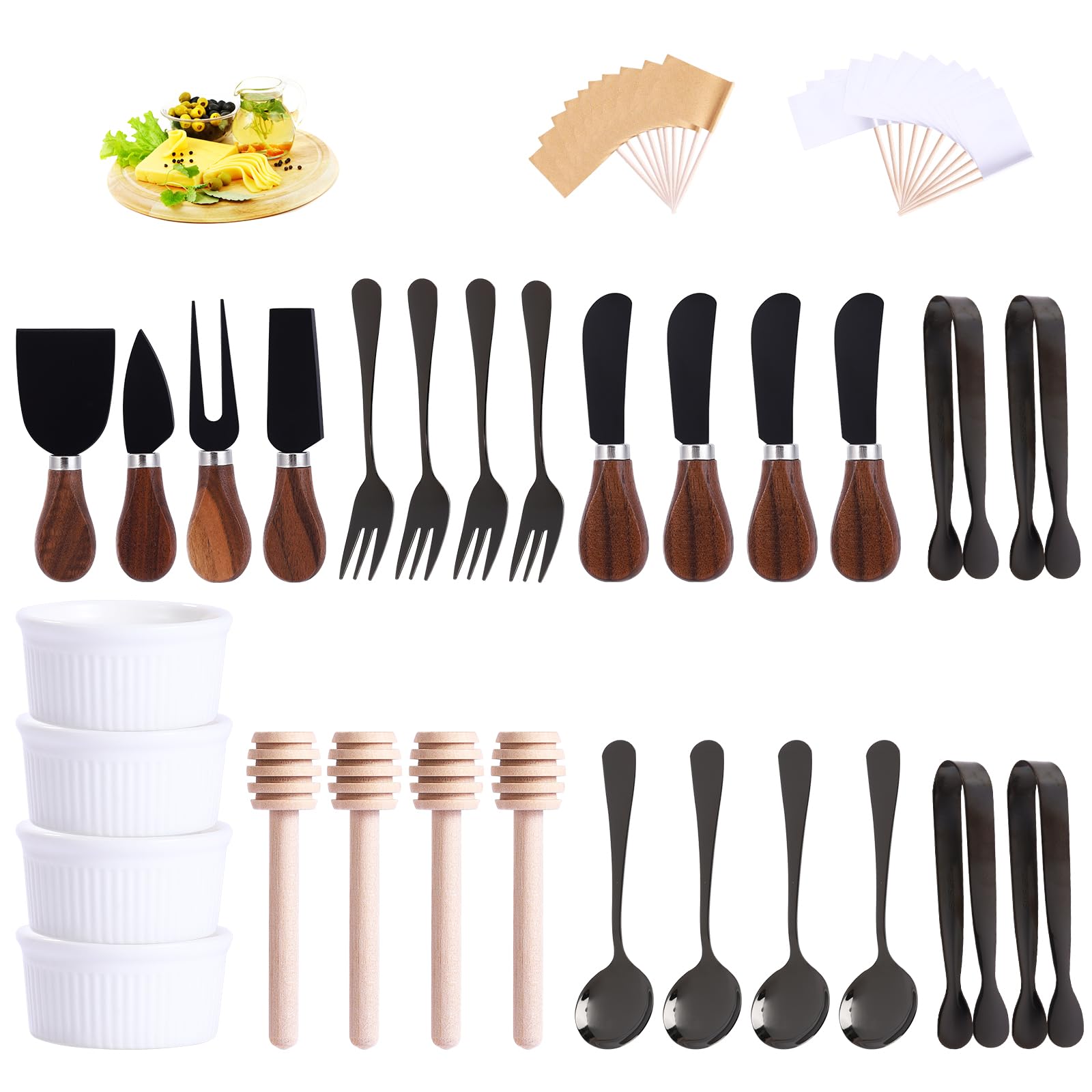 Accesorios para tablas de charcutería (29 piezas) esparcidores de queso para tabla de charcutería, mini cuchara de servir, tenedor, pinzas en blanco, palillo de dientes, banderas, cuenco