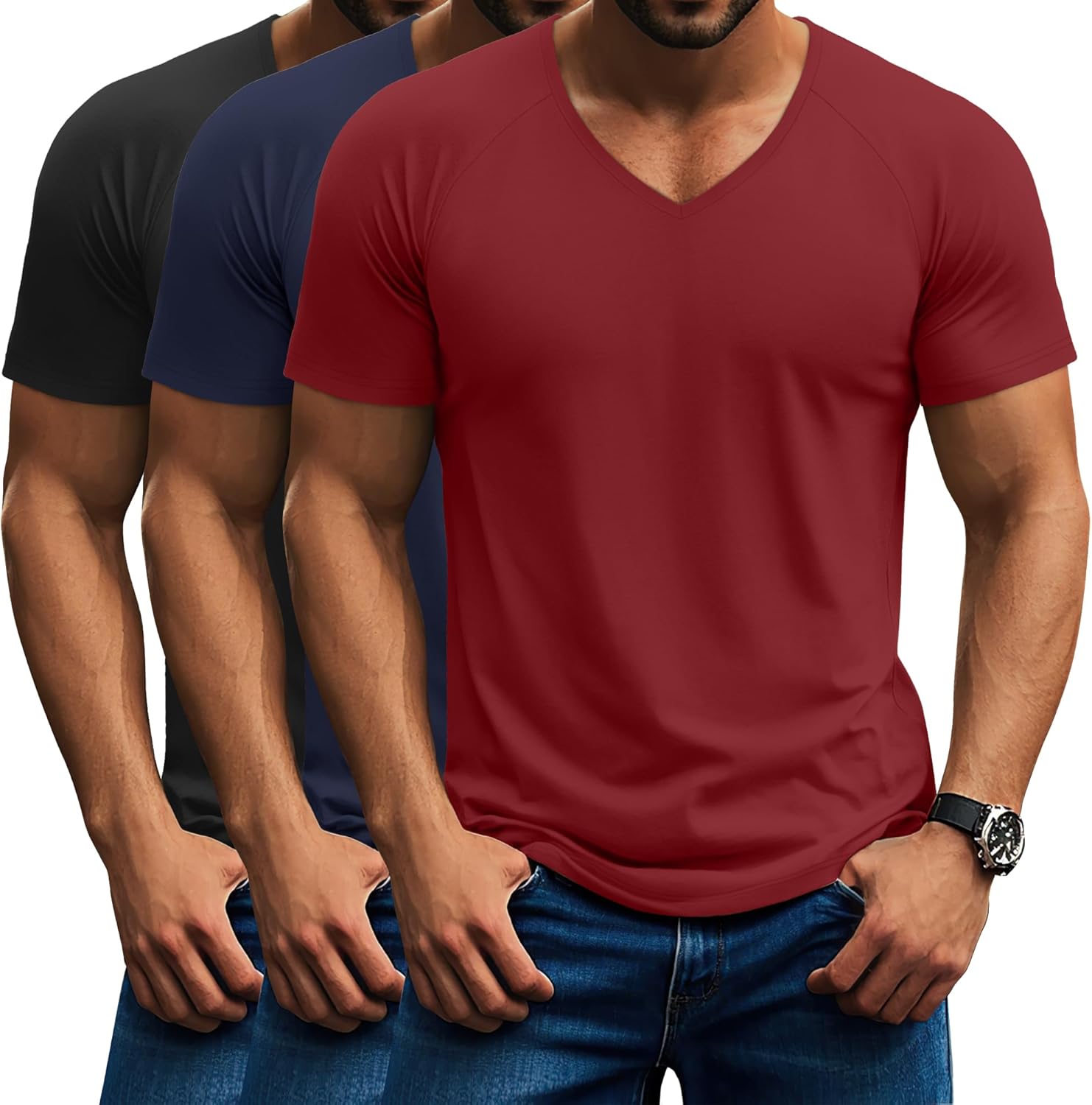 Riyiper 3 Pack Men's Short Sleeve V Neck T-Shirts Raglan Curved Hem Shirts Casual Basic Tops Soft Summer Stretchy Tees