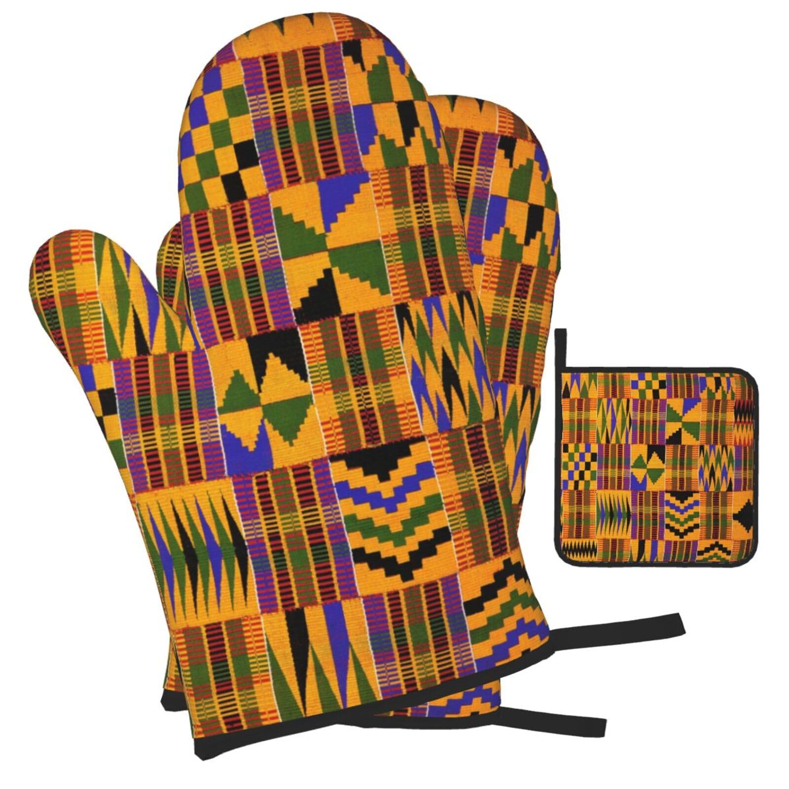 African Ethnic Pattern Printed Oven Mitts and Pot Holders Heat Resistant Set of 3 Pcs, Modern Kitchen Gloves & Potholders for Cooking Baking Grilling
