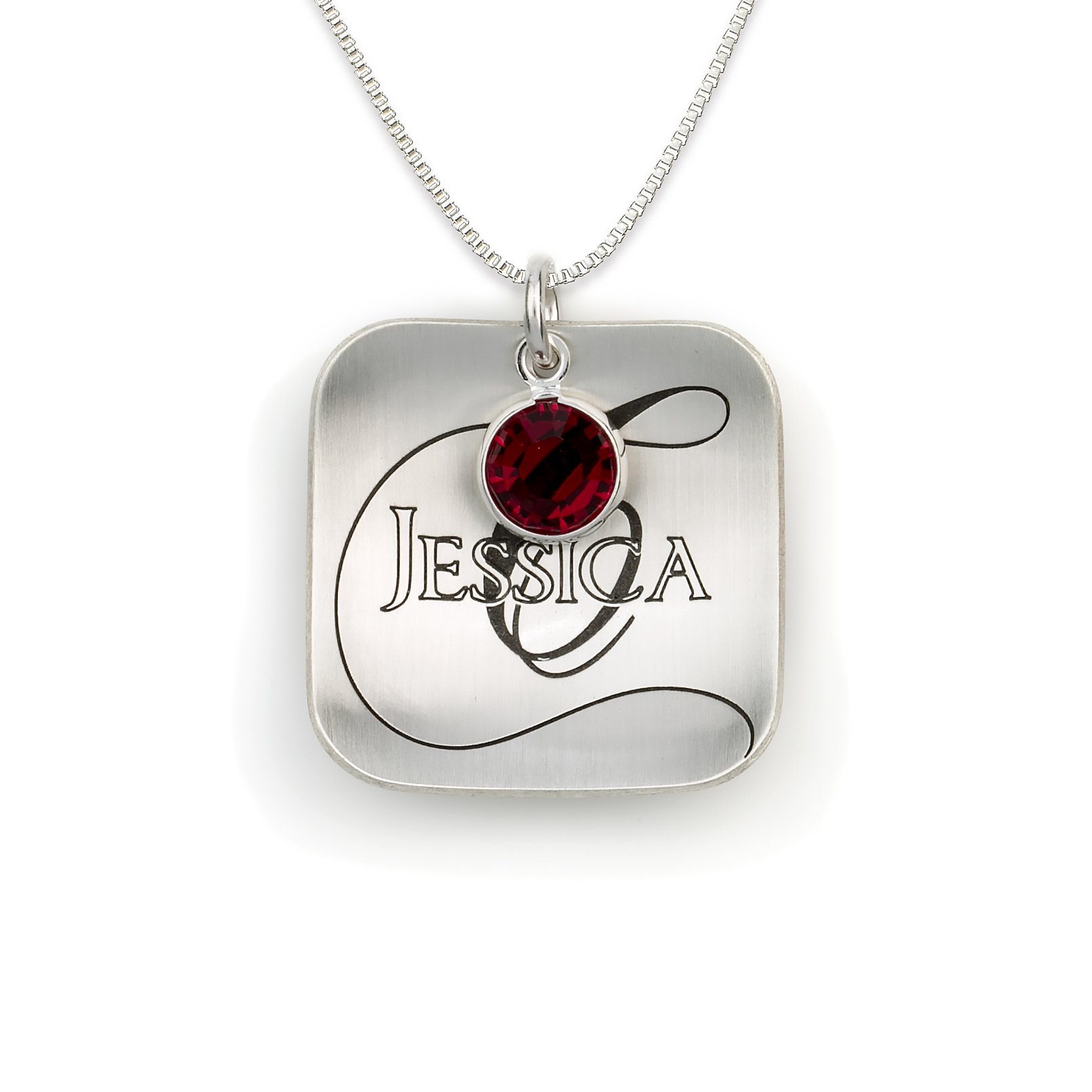 AJ's Collection Domed Square Name Like No Other Personalized with Crystal Birthstone Necklace. 925 Pendant Showcases a Name and Monogramm Initial.