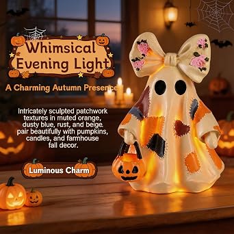 Lighted Vintage Patchwork Ghost, Creative Light Up Ghost with Pumpkin