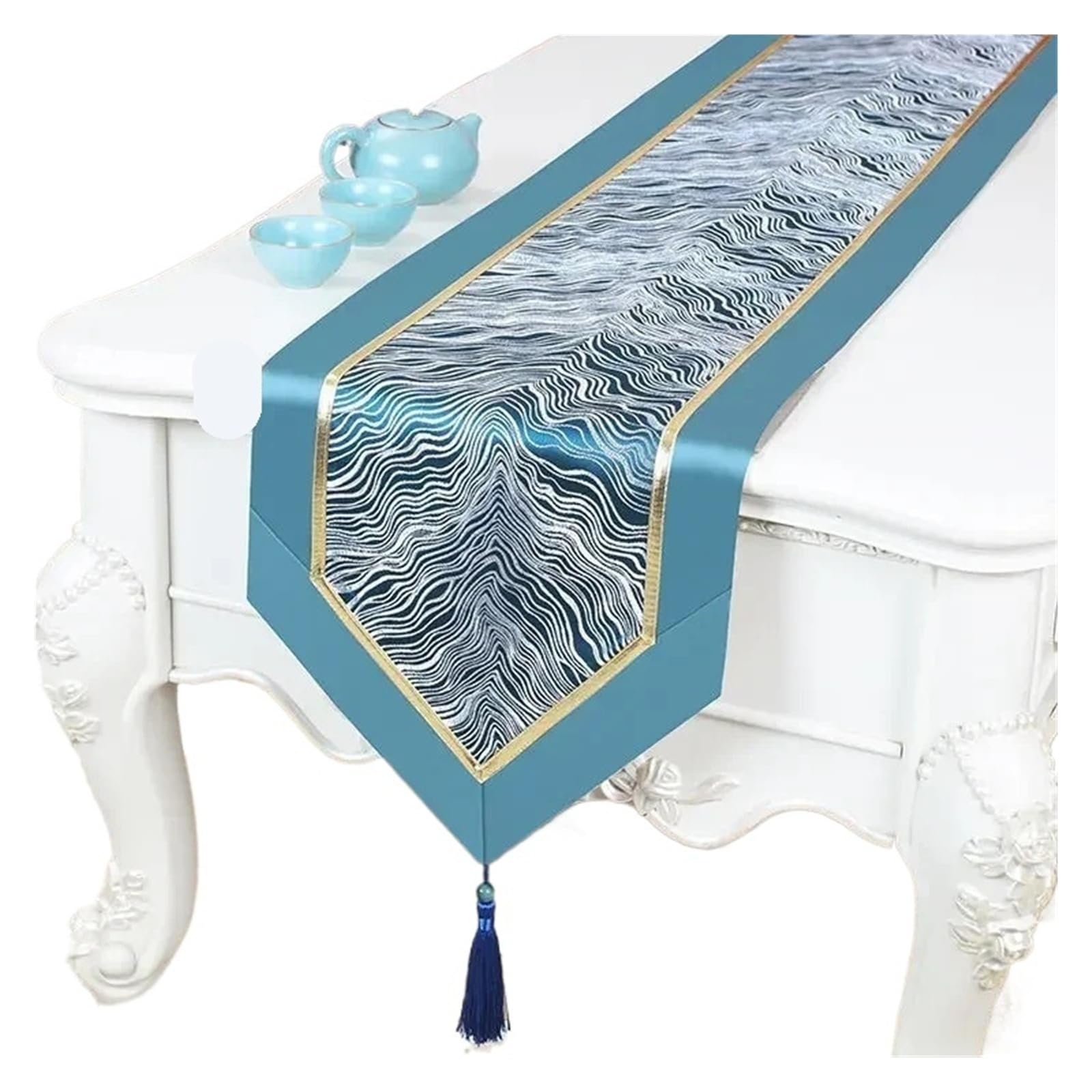 Satin Table Runners Golden Wave Pattern Table Flag European Satin Tassel Coffee Long Towel Cabinet Wedding Celebration Decorative Tablecloth(Color10,33x120cm 1pcs)