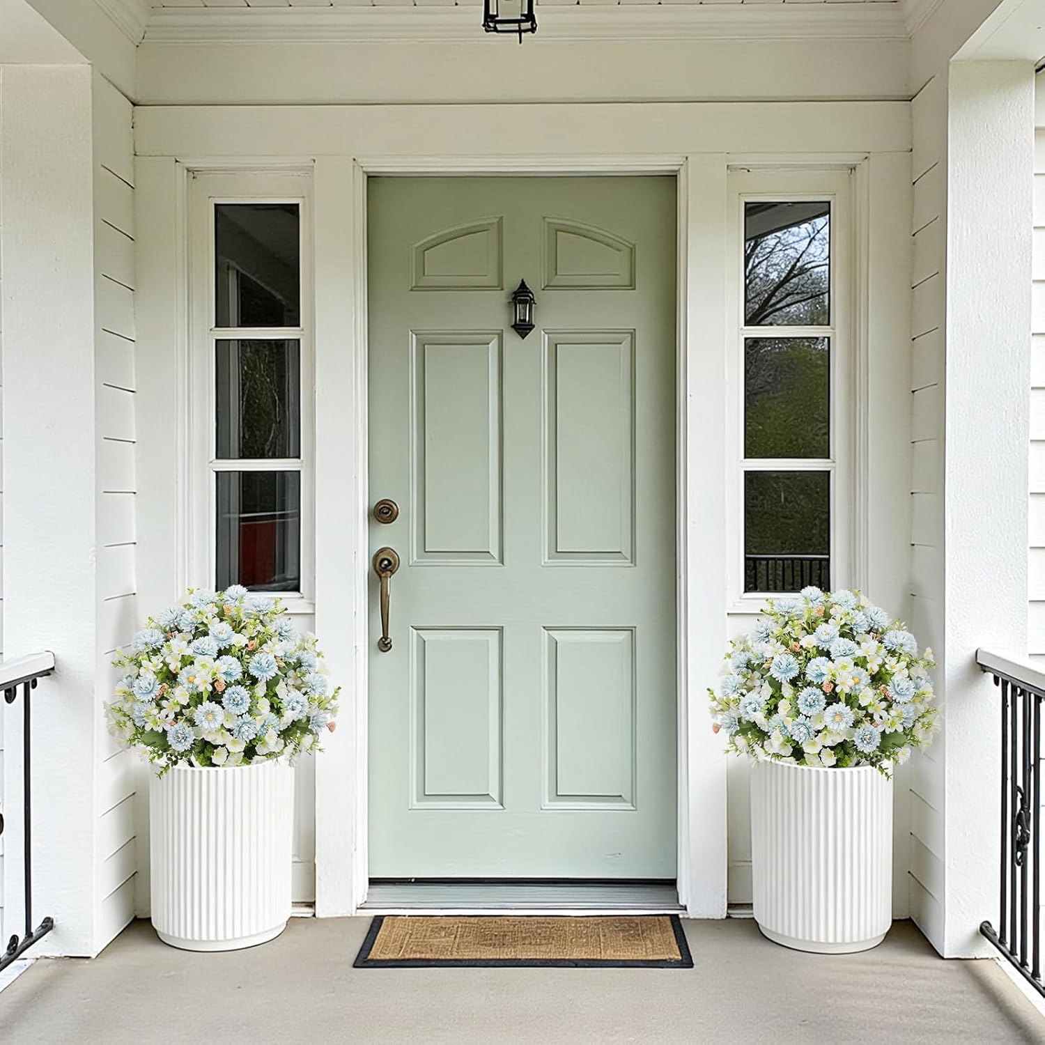 24" Artificial Daisy Flowers for Outdoors, Set of 2 - UV Resistant Faux Potted Eucalyptus Plants & Blue Silk Chrysanthemum Ball in Cement Pots for Covered Front Porch Indoor Spring Decor