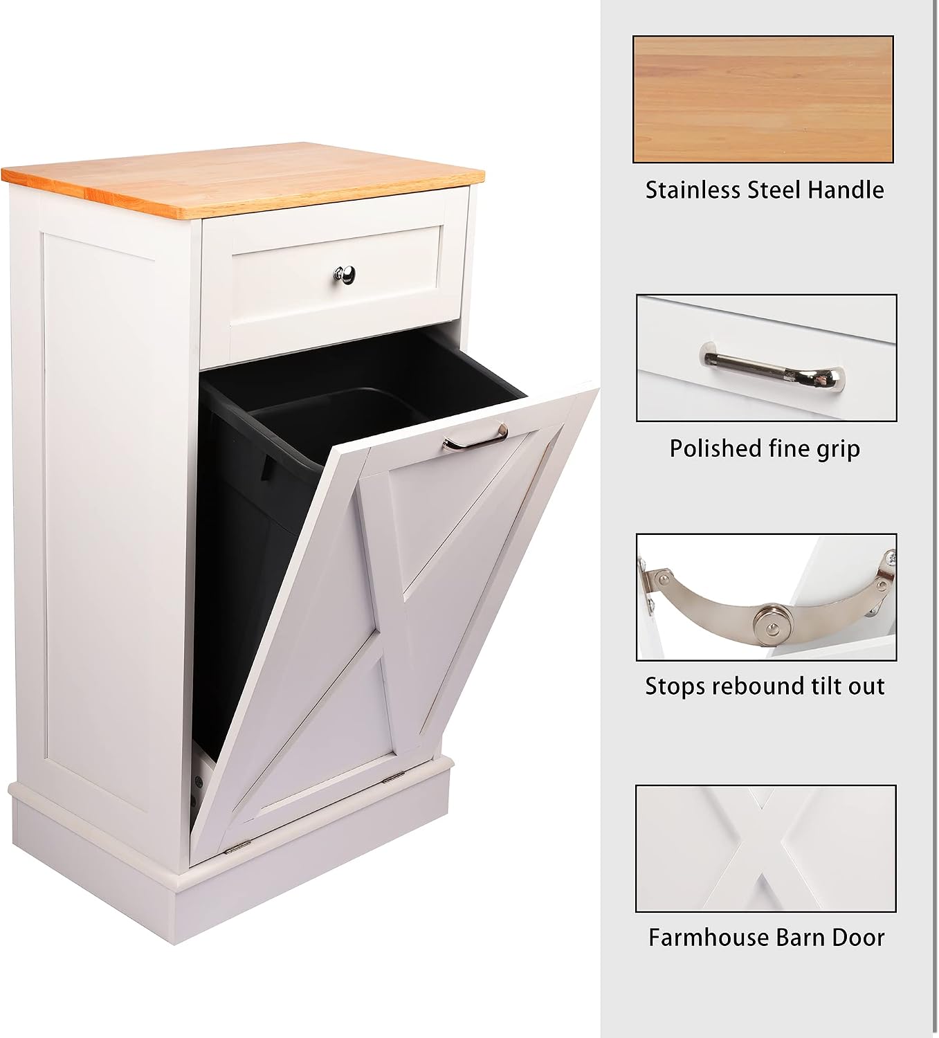TOLEAD Tilt Out Trash Cabinet Free Standing 10 Gallon Recycling Trash Can Cabinet with Barn Door for Farmhouse Kitchen,Living Room, Dining Room, White