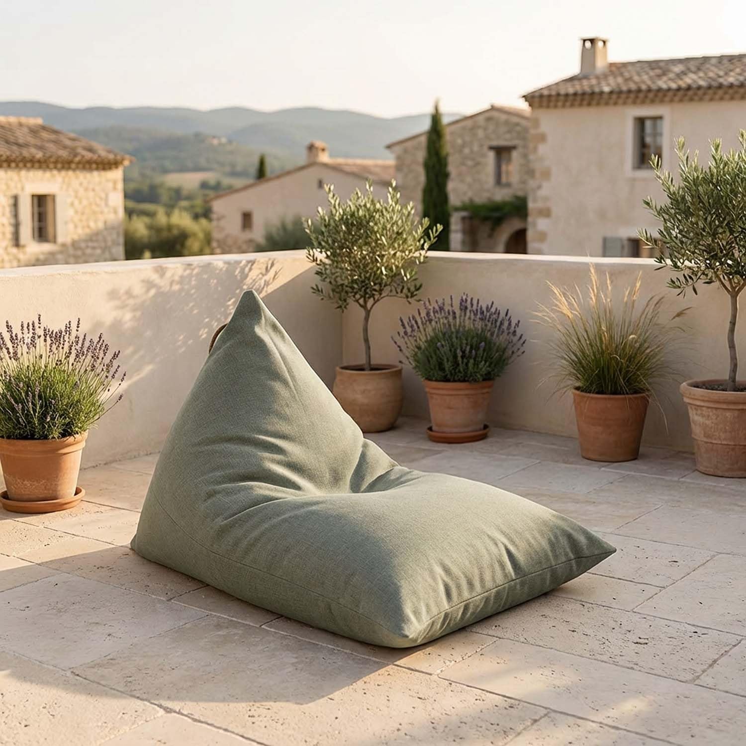 Fauteuil sac d'extérieur Thera en polypropylène Bouclé Olive – Pour jardin et terrasse