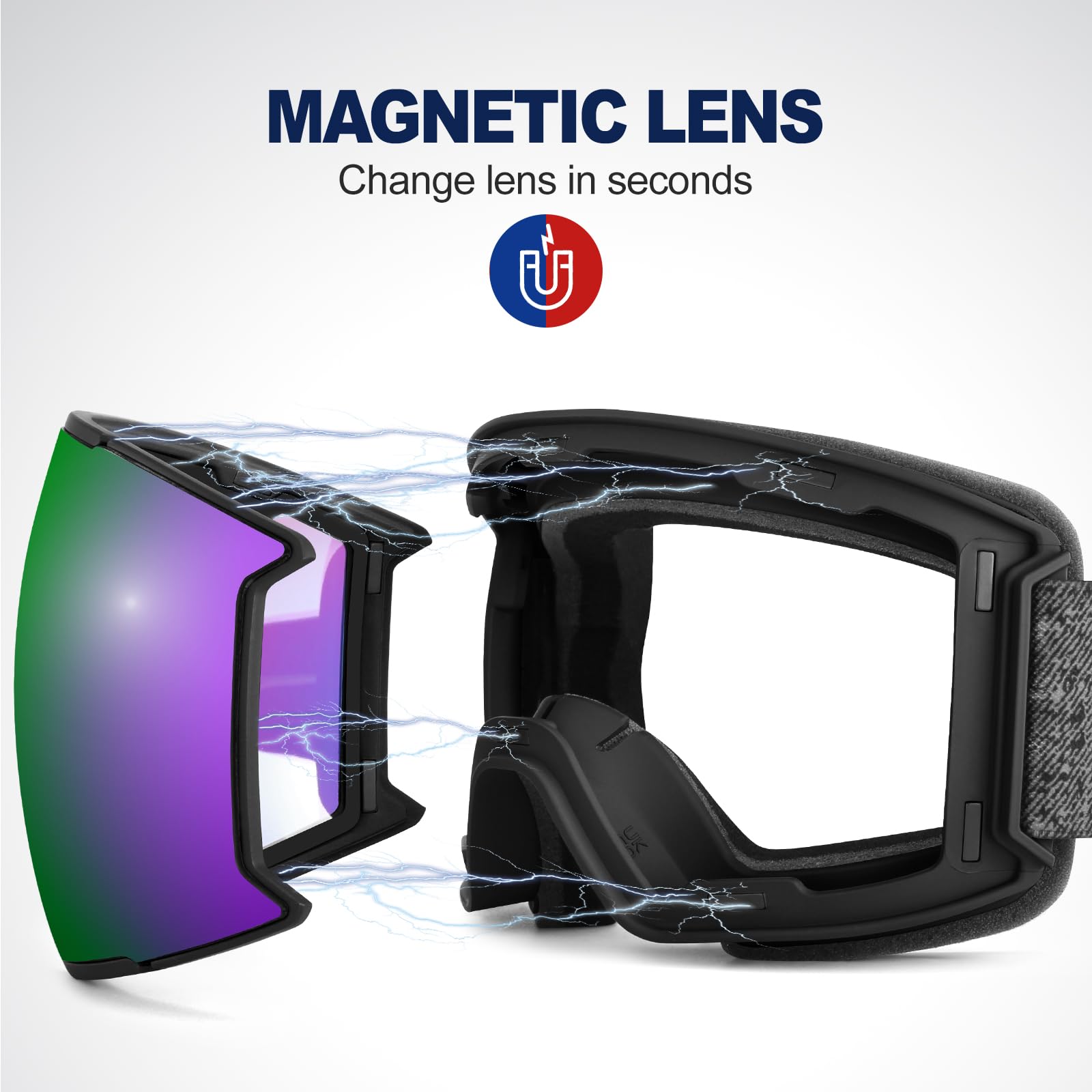 Odoland Set di Maschere da Sci con Lenti Rimovibili, Lenti Intercambiabili Magnetico Anti-Fog e Protezione UV, Occhiali da Sci per Adulti e Adolescenti, Compatibile con Casco