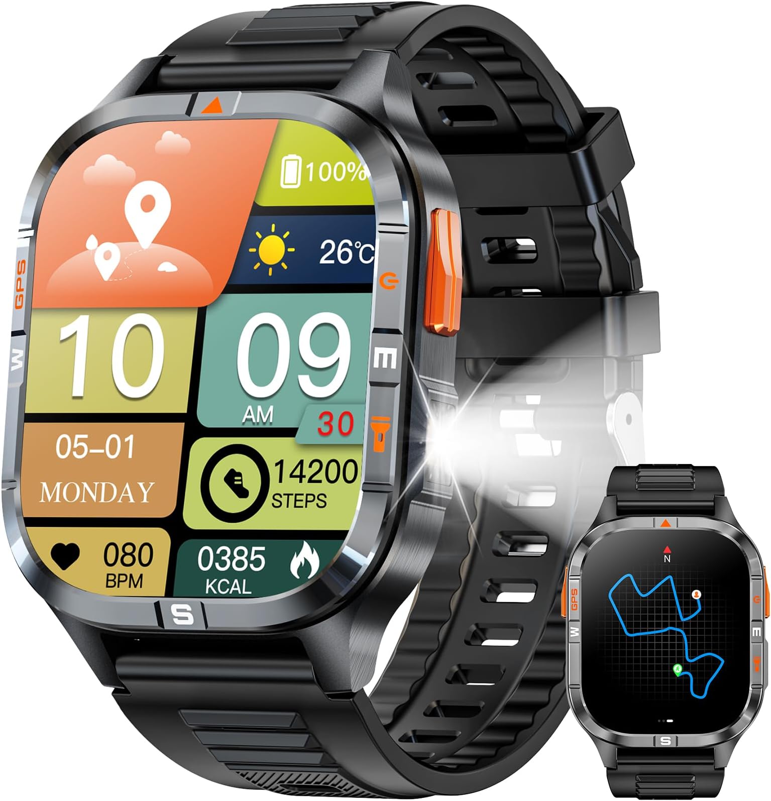 Military GPS Smart Watch for Men with Compass/Flashlight, 2.01" HD Screen smart watch with Voice Assistant/Bluetooth Calling, Smartwatch for Android&iOS, Activity Tracker Multiple Sport Modes (Black)