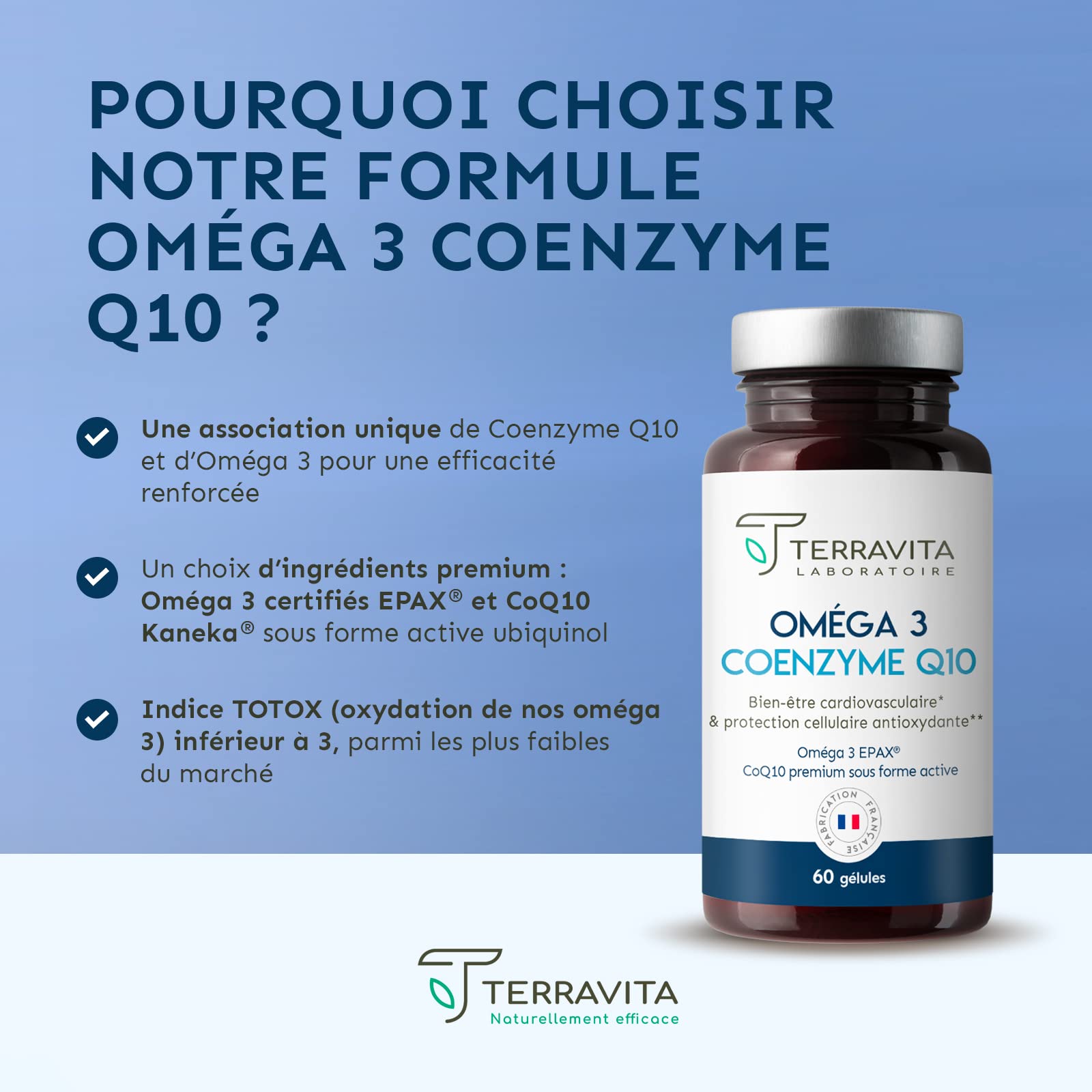 Oméga 3 Brevetés EPAX® + Coenzyme Q10 Ubiquinol Kaneka® | Poissons Sauvages | Système Cardiovasculaire - Immunitaire - Cérébral | TOTOX Ultra Faible | 60 Capsules | Made in France | Terravita