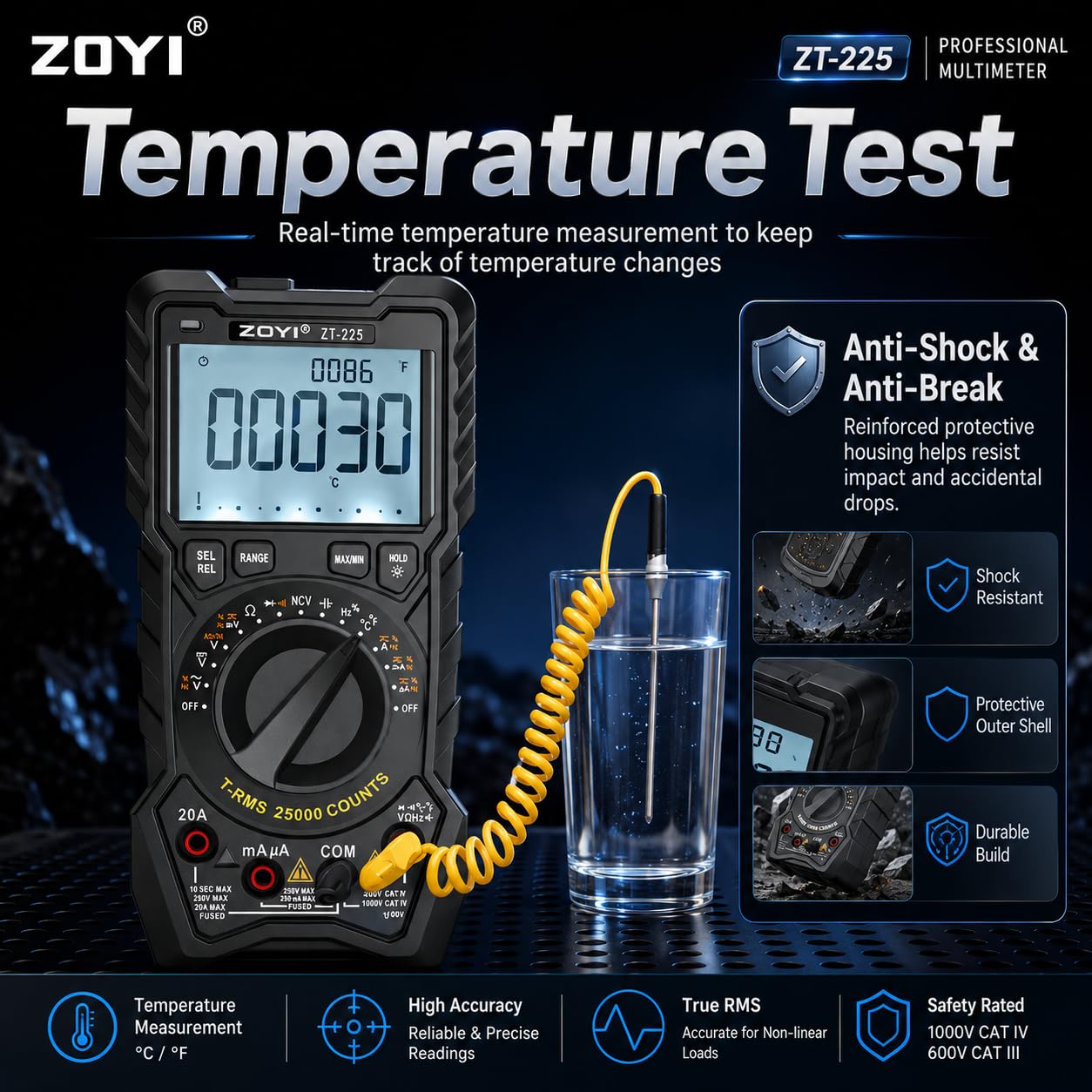 ZOYI ZT‑225 - Multímetro digital profesional, función de voltaje de fusión CA+CC, 25,000 unidades, 20 A, rango automático/manual, probador de voltaje verdadero RMS, NCV, temperatura, onda cuadrada