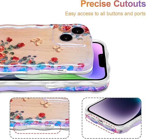 Miniatura 5 de EYZUTAK - Funda protectora de TPU para iPhone 15, estilo retro colorido, diseño láser brillante de pintura al óleo, estampado floral, borde