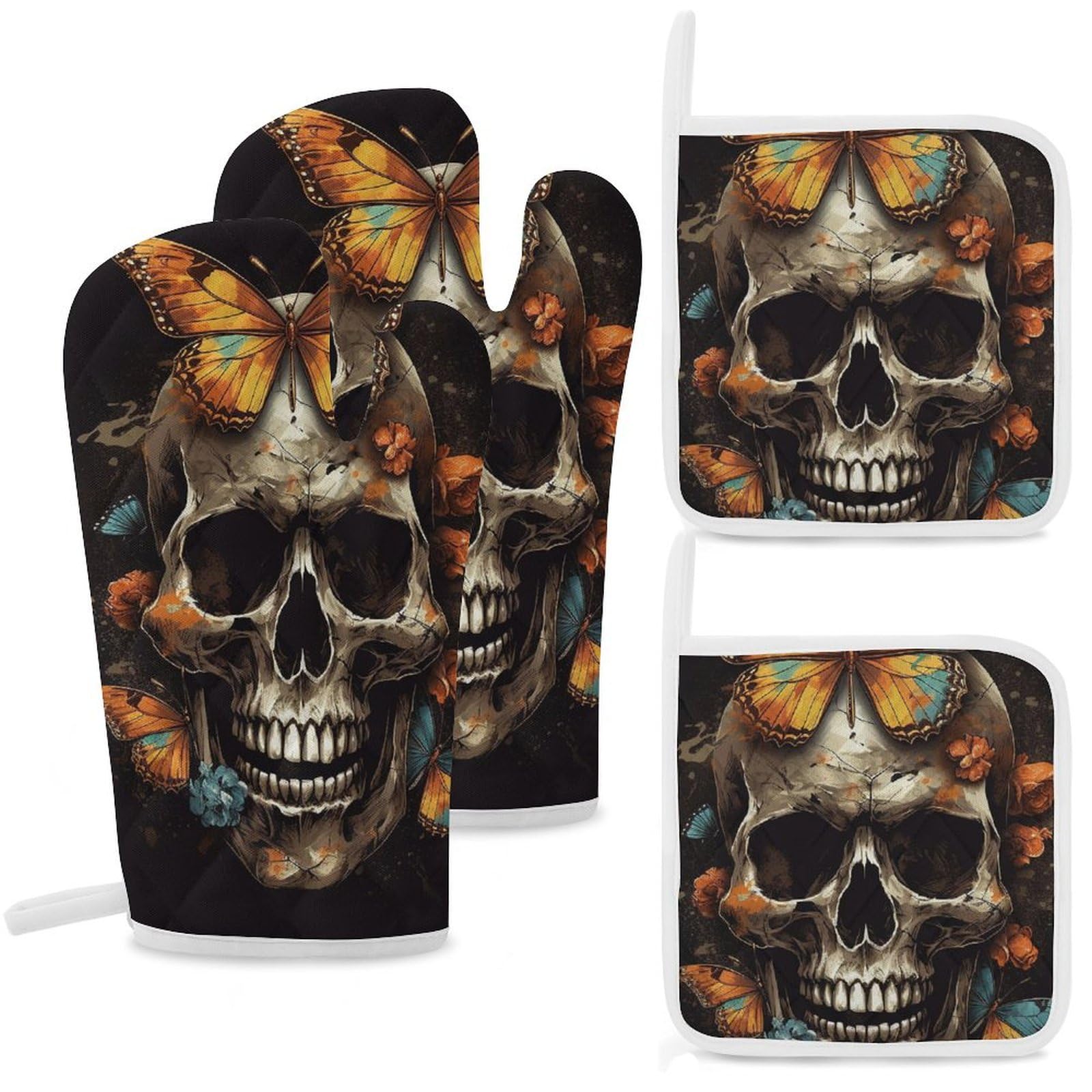 Lot de 4 maniques imperméables résistants à la chaleur motif tête de mort barbecue