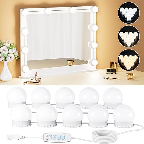 10 Bombillas Luces LED de Tocador para Espejo, 3000K 4000K 6500K y 10 Niveles de Brillo, Longitud de Cable Ajustable, Cable USB, Luces de Espejo