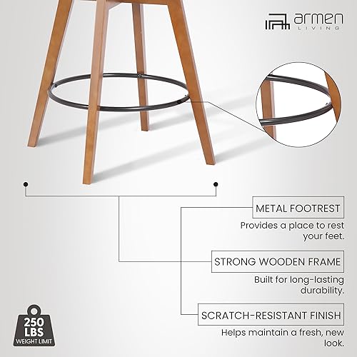 Miniatura 12 de Taburete giratorio de bar Armen Living Baylor de mediados de siglo moderno para isla de cocina en cuero sintético color crema y madera de nogal, 26"