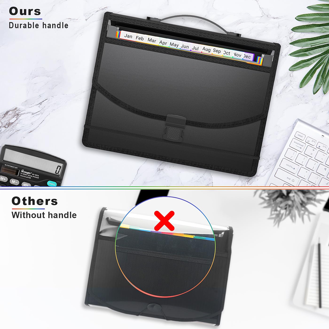 Carpeta de archivos expandible, organizador de archivos de acordeón, carpeta de archivos expandible con asa para papel/recibo/facturas, 12 bolsillos, portátil, ventana visible, búsqueda