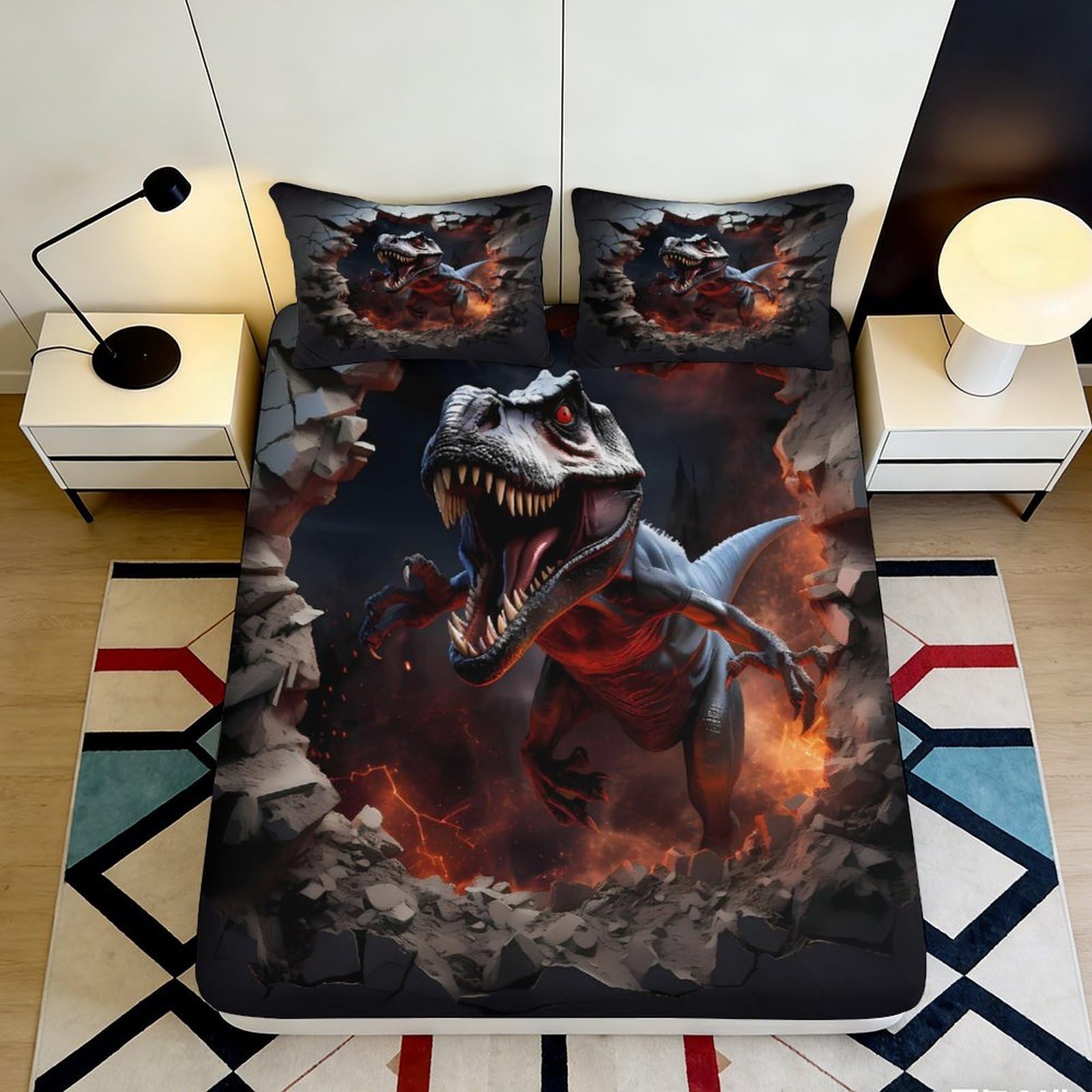 3D Printed Dinosaur Volcano Fitted Sheet Microfiber Soft Anti-Slip Bed Cover for Bedroom Dorm Mattress Protection Decor 180x200x25cm