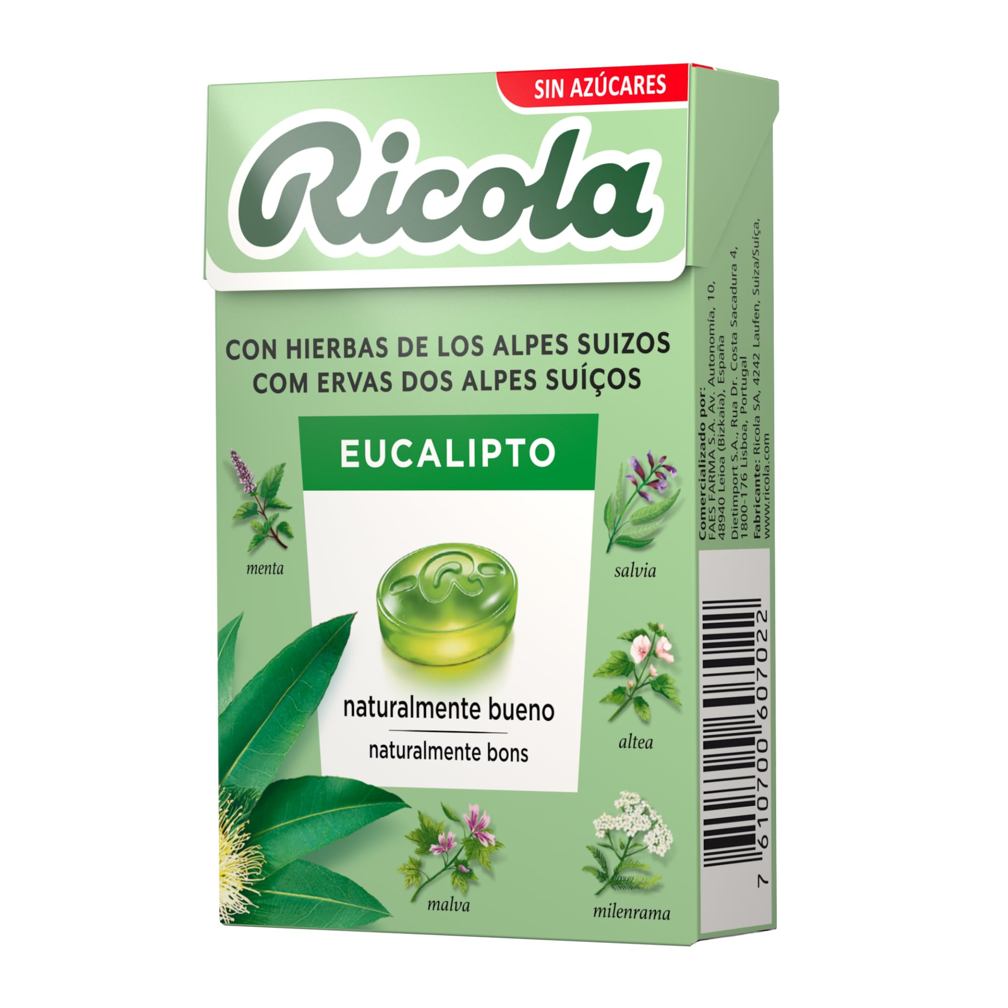 Ricola - Eucalipto, Caramelos Duros Sin Azúcar, Refresca, Alivia la Garganta y la Respiración, con Aceites Esenciales de Menta y Eucalipto y 13 Hierbas Suizas, con Edulcorantes - Caja 50 g
