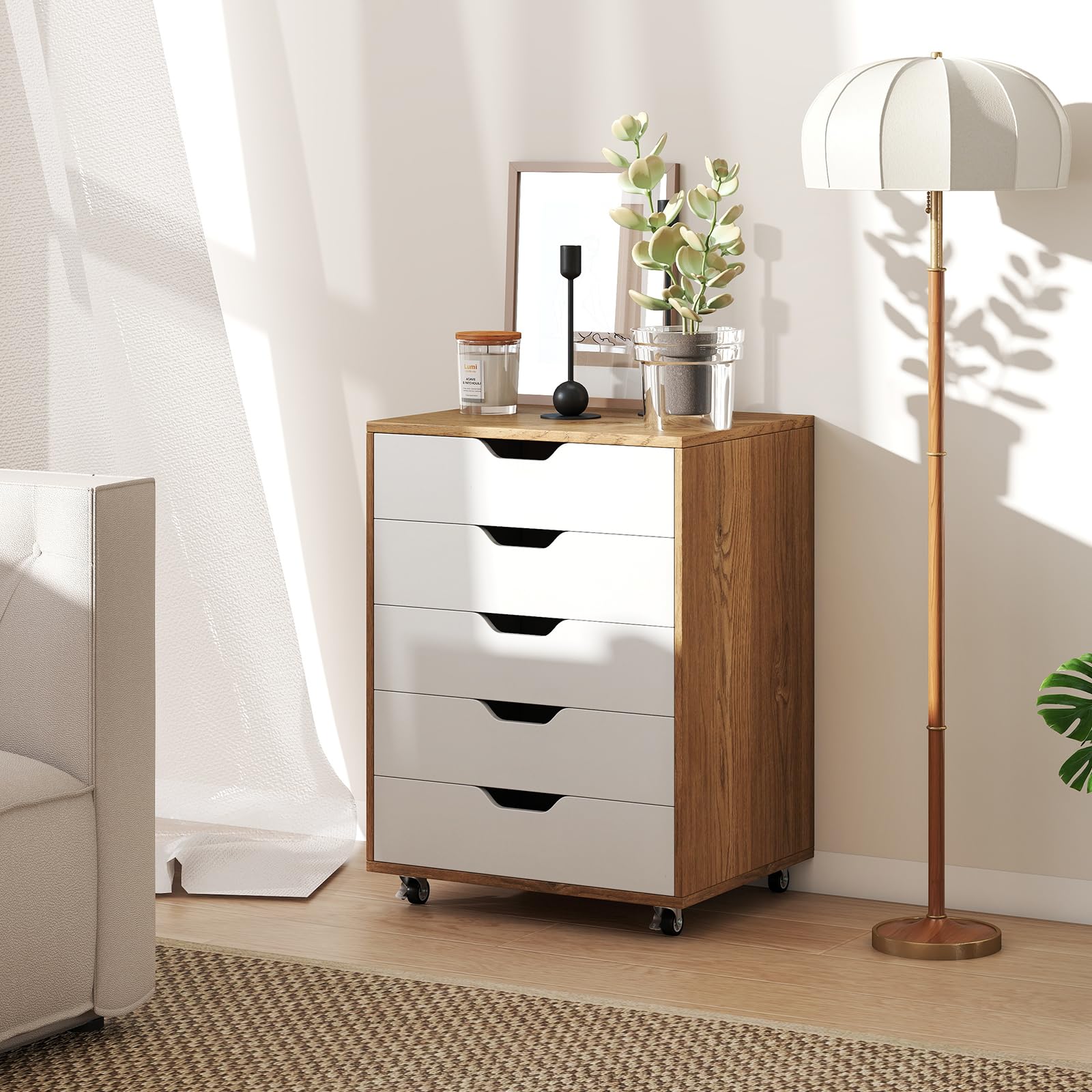 GOPLUS Caisson Bureau avec 5 Tiroirs à Roulettes en Bois, 49x40x65CM, Meuble Rangement Bureau Mobile avec Support Imprimante, Rangement à 5 Niveaux pour A4, Document, Format, Lettre, Idéal pour Maison