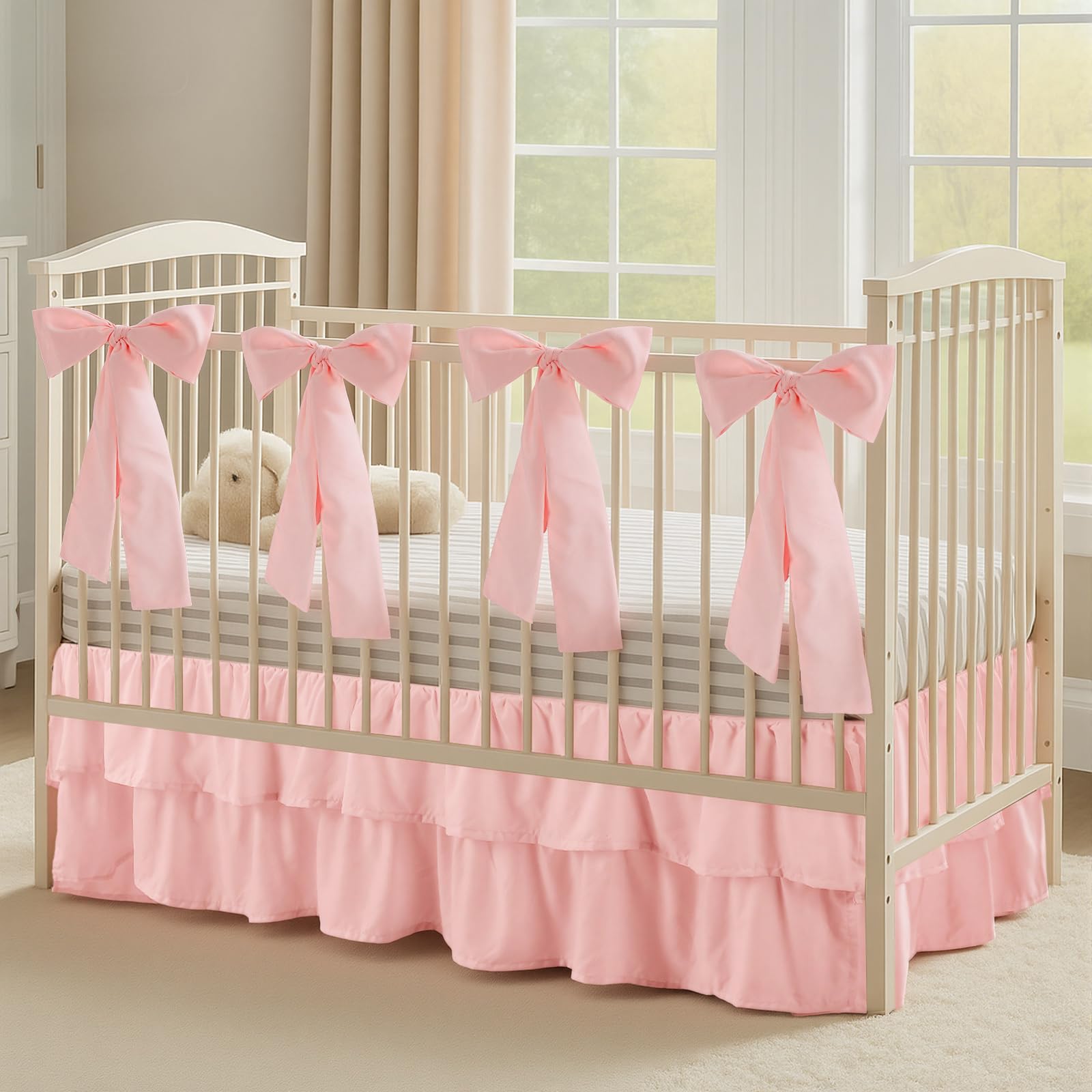 Pink Crib Bed Skirts with 4 Large Cot Bow Baby Crib Skirt for Boys Girls Nursery Toddler Bed Skirt Dust Ruffle 14" Drop, Double Layer-image-19