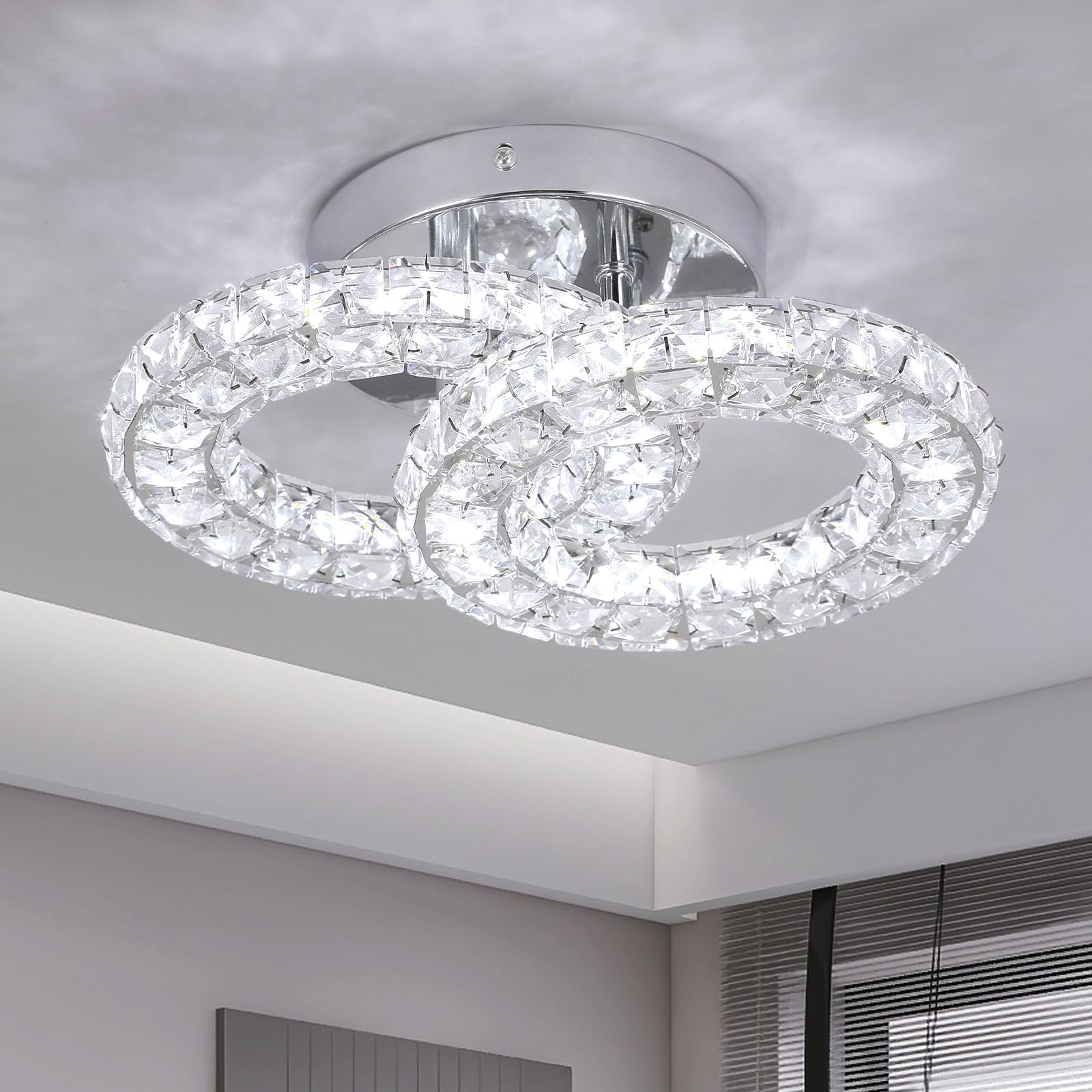GreeLustr Runde Kristall Kronleuchter LED Moderne Kristall Deckenleuchte, Austauschbare Pendelleuchte K9 Crystal Einbauleuchte Edelstahl Deckenlampe für Schlafzimmer Flurlampe Eingang Wohnzimmer