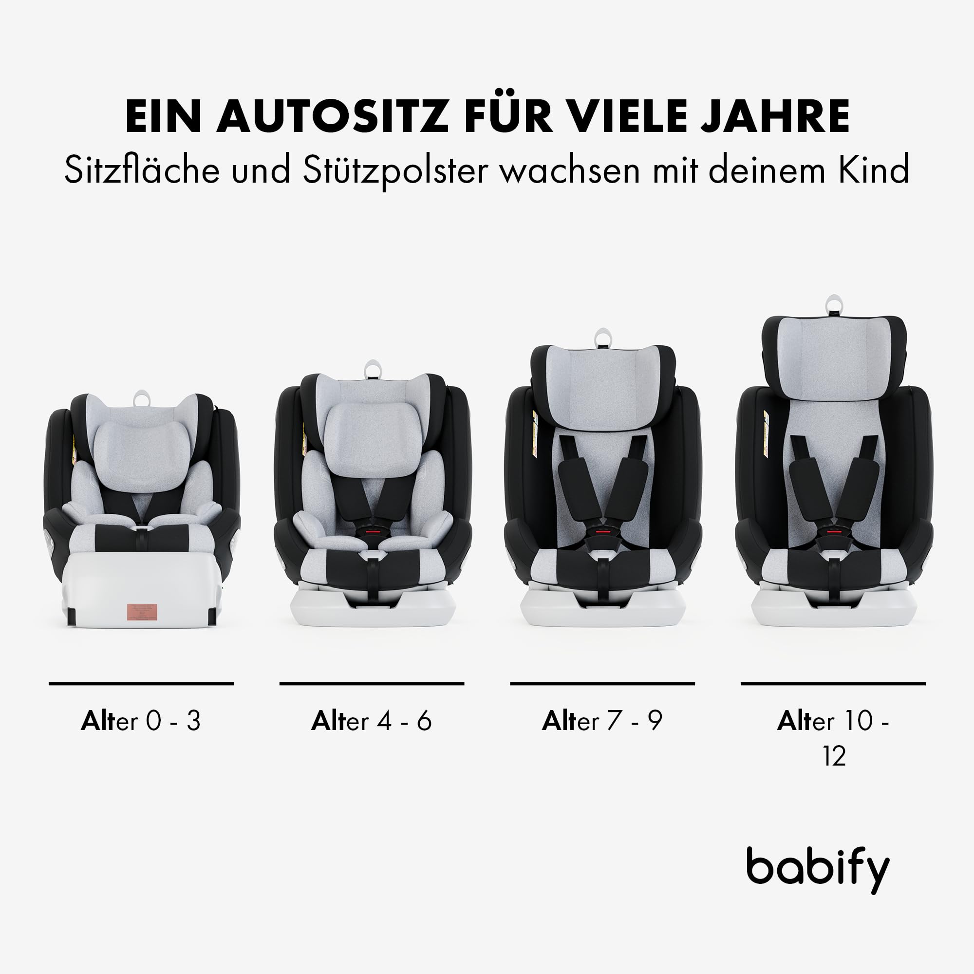 Babify Onboard, Autositz Isofix für Babys und Kinder, 0 Monate - 12 Jahre, 40-150cm, 360°drehbar, tragbarer und sicherer Sitz i-Size ECE R129 Grau