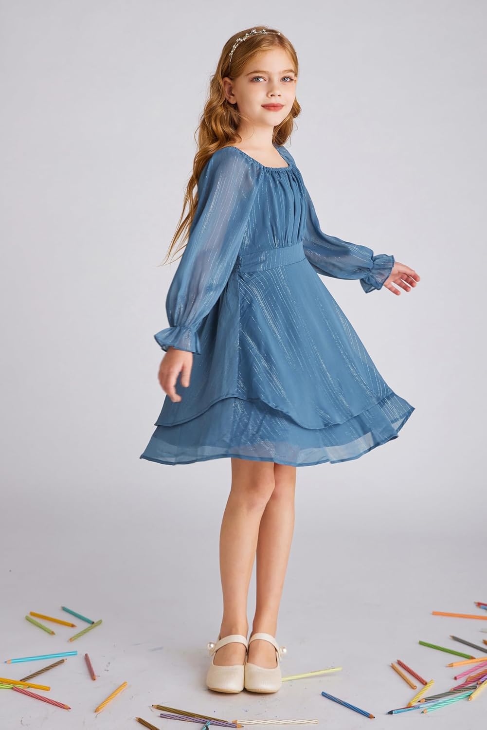 GRACE KARIN Girls Fall Dress Long Sleeve Casual Dresses Square Neck Ruffle Tiered Layer A-line Dress 5-12Y - Image 4