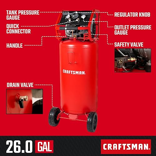 Miniatura 2 de CRAFTSMAN Compresor, compresor de aire portátil de 26 galones 1.8HP 5 CFM@90PSI Tanque de compresor de aire libre de aceite, presión máxima de 150