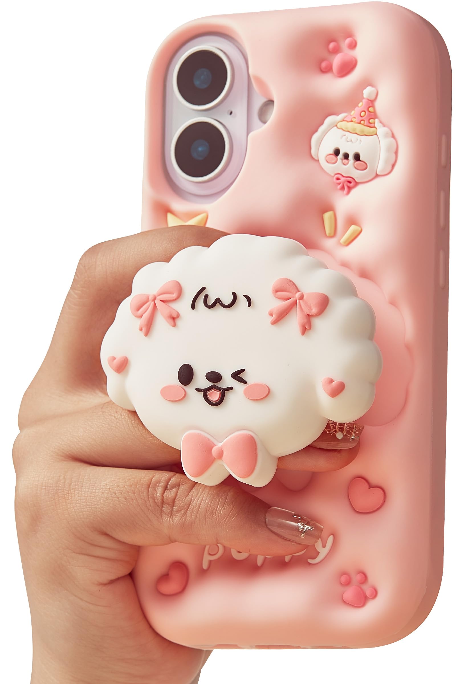 TUFTA Kawaii 3D Dog Phone Case for iPhone 16 (with Retractable Phone Stand & Grip) Cute Girly Cartoon Soft Silicone Phone Cover for Girls, Kids, Teens