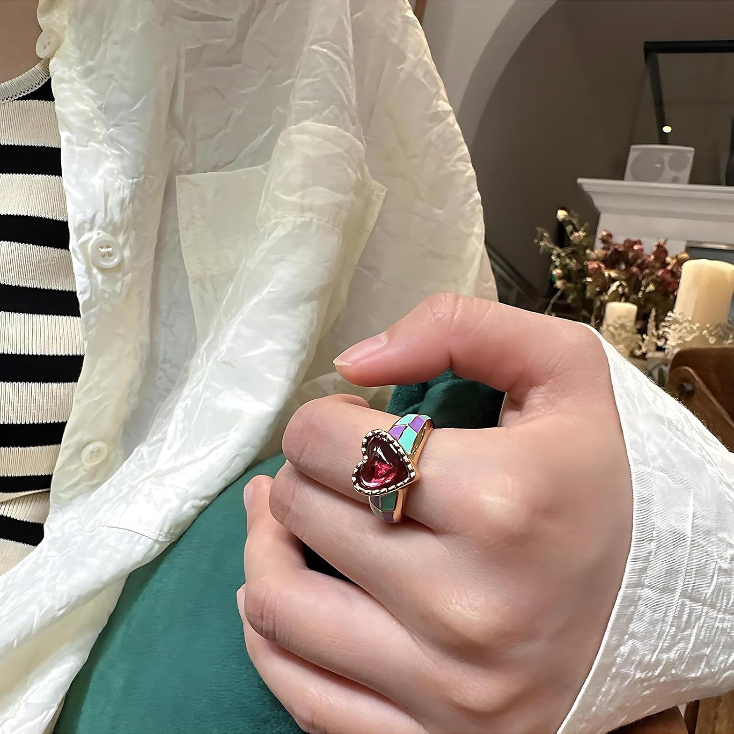 Gold Heart Open Ring with Pink Gemstone, Colorful Enamel Adjustable Retro Statement Ring for Women