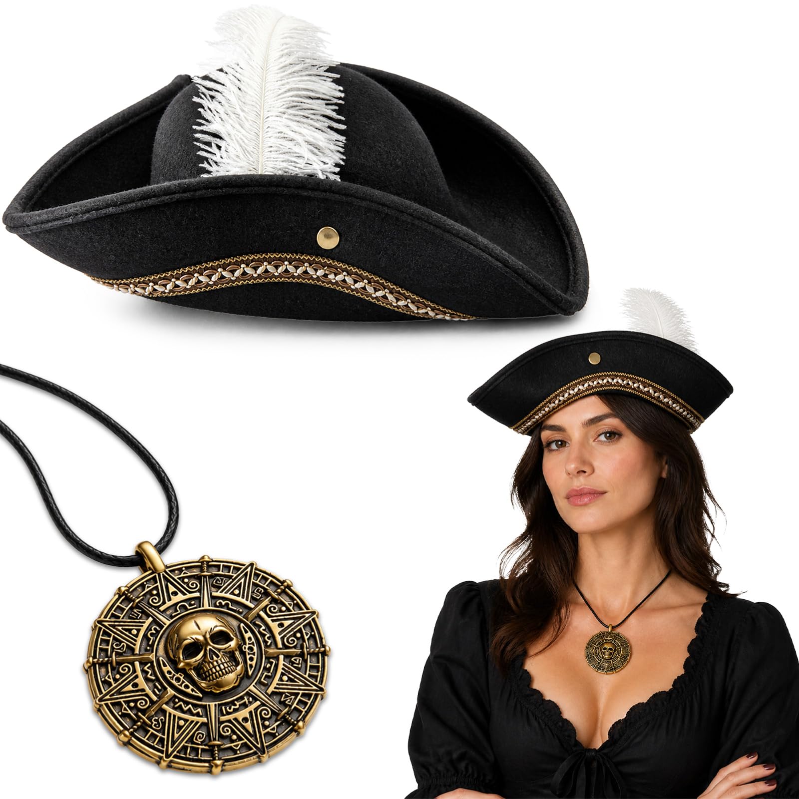2 Pcs Pirate Costume Set for Women, Tricorn Hat and Skull Coin Necklace