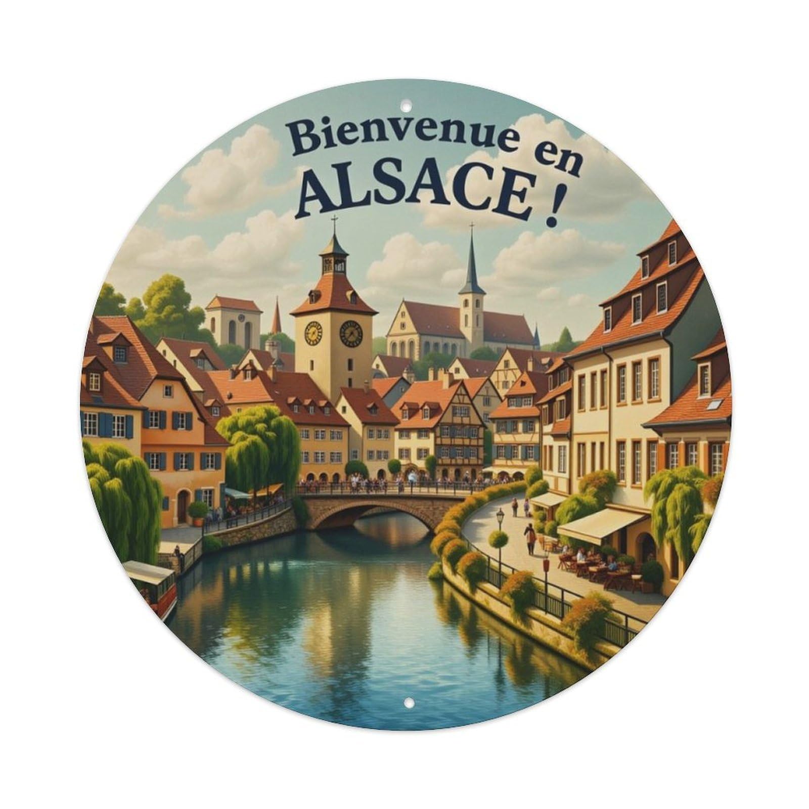 French Alsace Town Landscape Round Wall Sign Vintage Aluminium Metal Sign, Retro Wall Decor for Home, Bar, Garage & Farmhouse 20x20cm