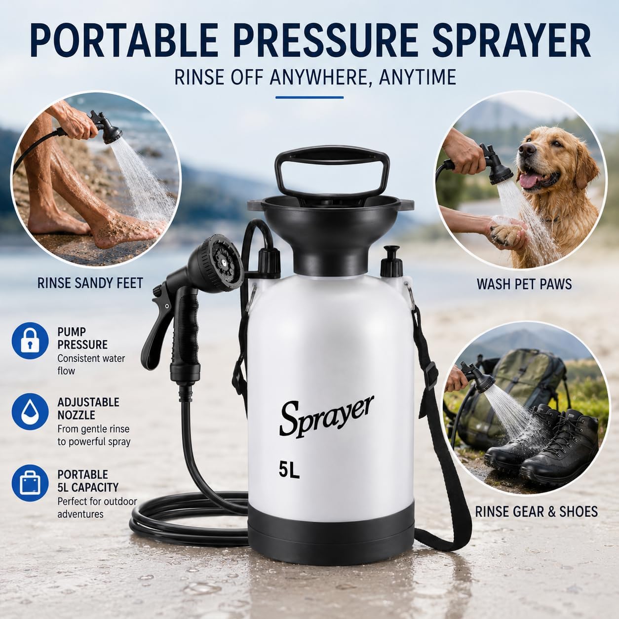 Portable Camping Shower, 5L Manual Pump Outdoor Shower Sprayer with Hose, 10-Pattern Nozzle and Shoulder Strap for Beach Rinse, Surfing, Camping, Pet Wash and Garden Use image 2