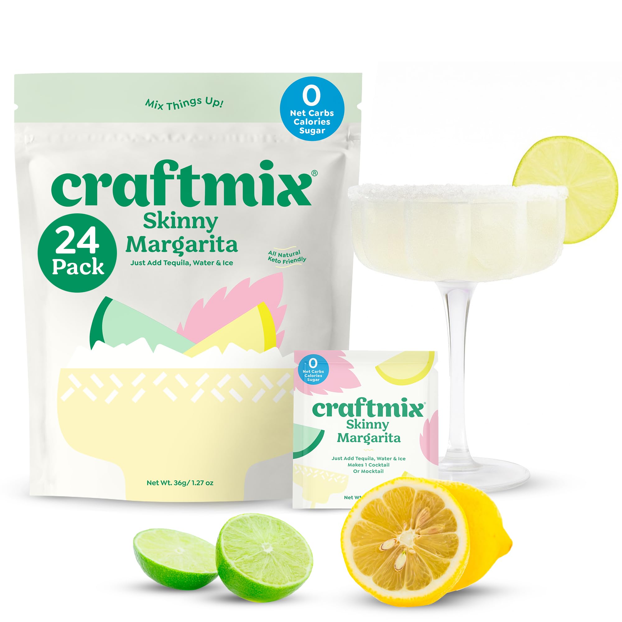 Craftmix Skinny Margarita Cocktail & Mocktail Drink Mixer, Skinny Mixes - Water Flavoring Packets - Made With Real Fruit - Vegan, No-Carb, No-Sugar, Non-GMO, Dairy Free, Gluten Free, 24 Pack