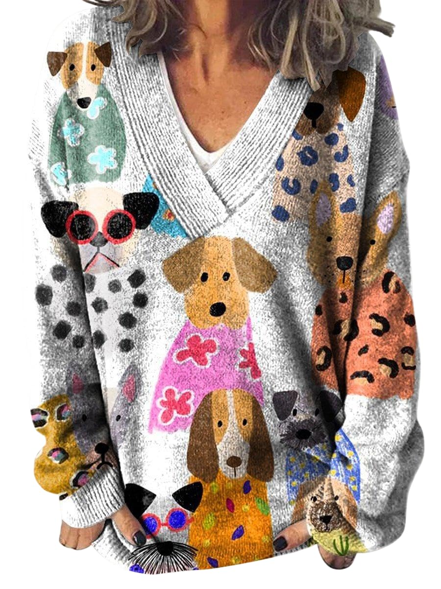 Womens Boho Floral Oversized Long Sleeve V Neck Sweaters Casual Plus Size Pullover Knit Top Retro Modest Sweatshirt